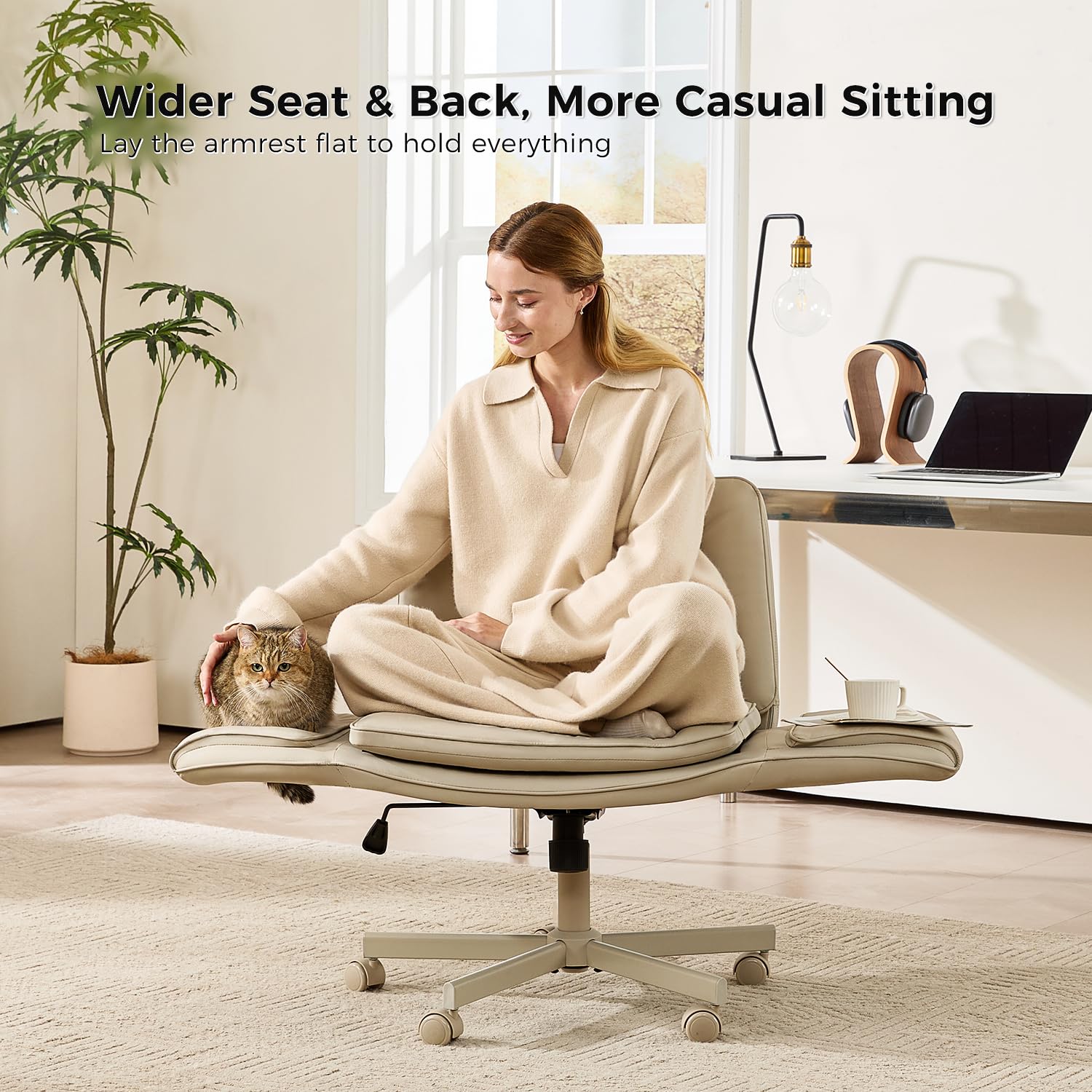 Criss Cross Chair with Armrests & Wheels, PU Leather Vanity Chair, Comfortable Adjustable Swivel Computer Office Desk Chairs for Home, Make Up, Bed Room (Cream White)