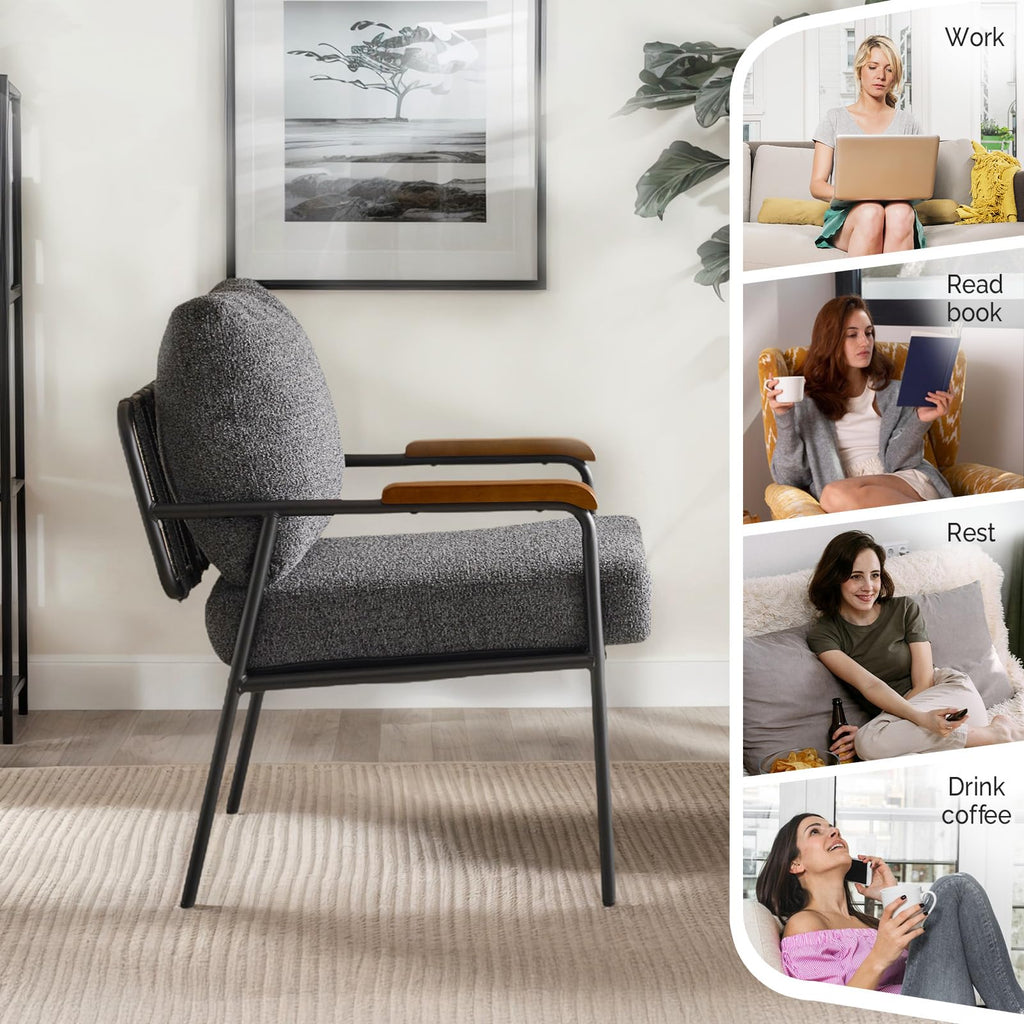 Mid-Century Modern Accent Armchair for Office, Small Comfy Upholstered Leisure Reading Chair with Wood Armrest for Office, Bedroom, Living Room, Waiting Room, Linen Grey