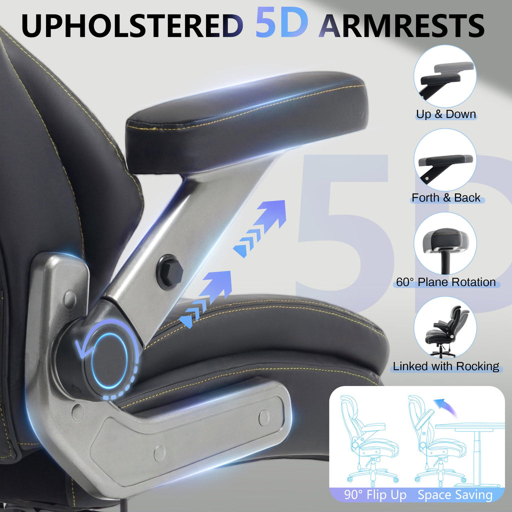 Big and Tall Office Chair 750lbs, Executive Office Chair with Adjustable Headrest&Lumbar Airbag Support, PU Leather High Back Heavy Duty Desk Chair 5D Flip Arms, Ergonomic Thick Spring Cushion, Black