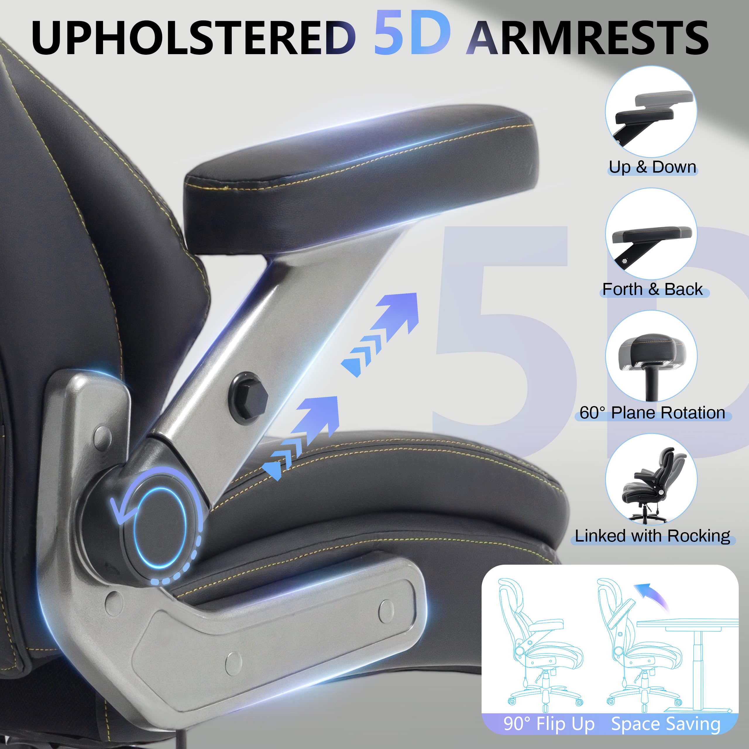 Big and Tall Office Chair 750lbs, Executive Office Chair with Adjustable Headrest&Lumbar Airbag Support, PU Leather High Back Heavy Duty Desk Chair 5D Flip Arms, Ergonomic Thick Spring Cushion, Black