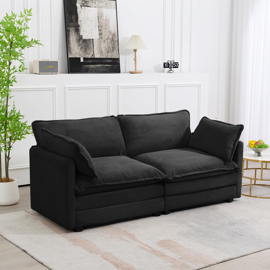 Sectional 2 Seat Cloud Loveseat with 2 Throw Pillows, Modern Corduroy Love Seat Sleeper Bed, Convertible Cozy Sofa for Living Room and Office, Black