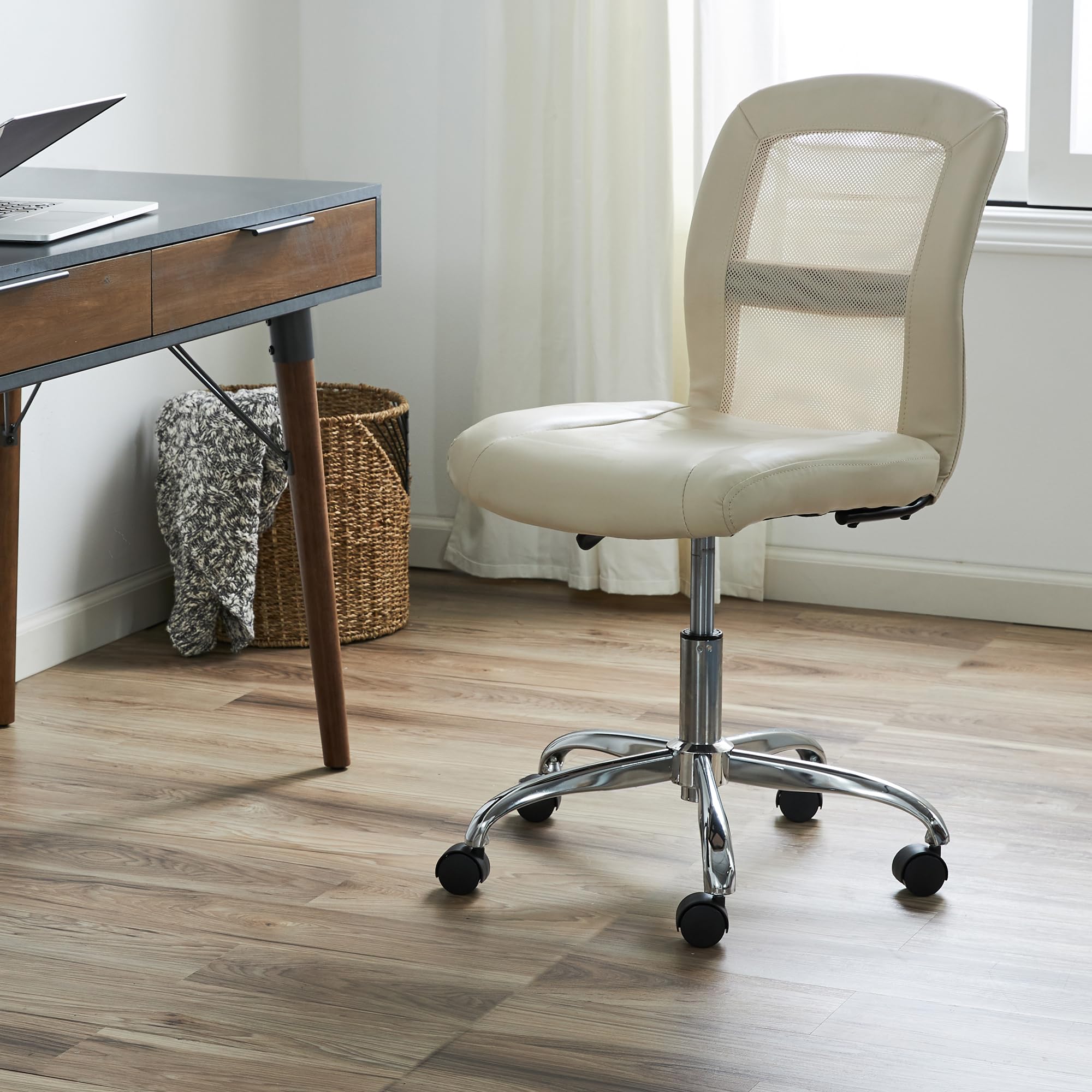 Essential Armless Chair, Small Desk Chairs with Wheels, Breathable Mesh Back and Faux Leather, Quality Foam Cushion Seat for Comfort, Minimal Design for Vanity Table, Cream White