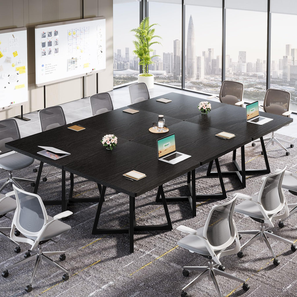 31.5" Square Conference Table Set of 2, 63" Industrial Office Meeting Table for 4-6 People, Business Podcast Furniture with Metal Base for Small Spaces, Office Conference, Black