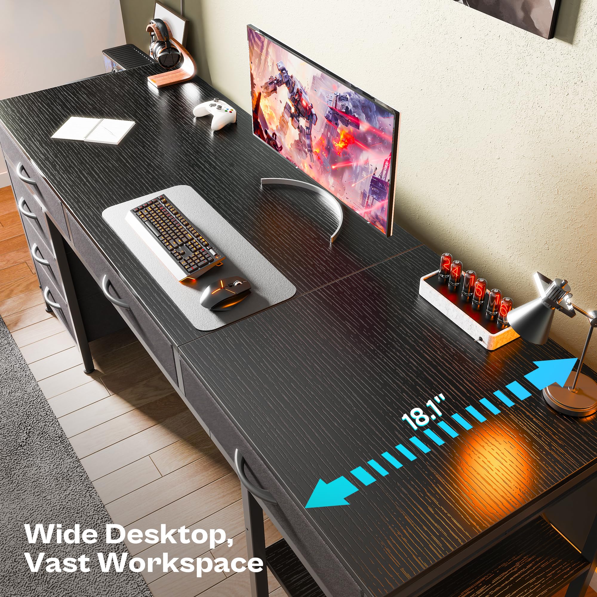 Computer Desk with 6 Drawers, Office Desk with Shelves, Reversible Gaming Desk, Corner Desk with Storage, Work for Home Office, Study, Living Room, 63inch, Black