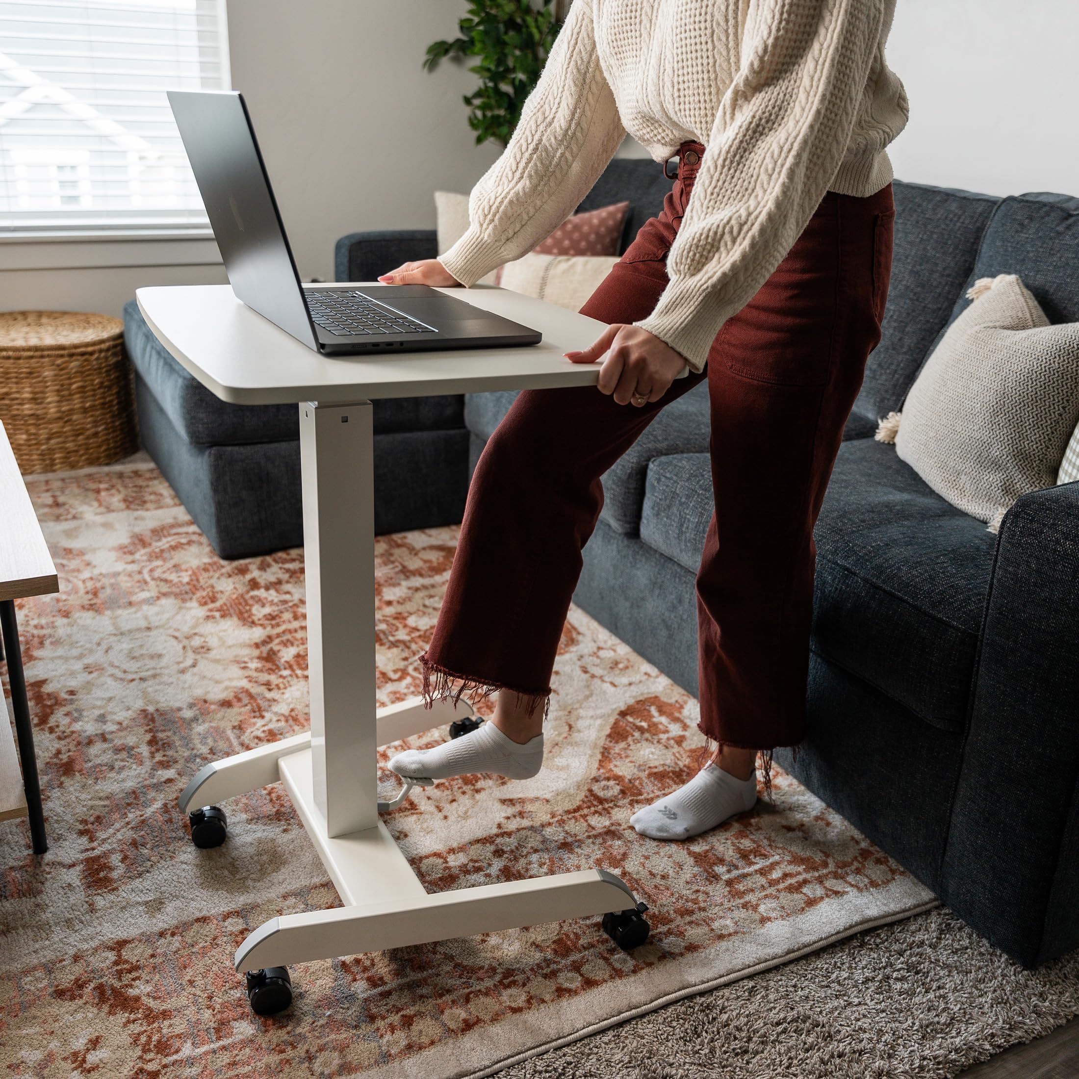 Adjustable Rolling Laptop Desk, Mobile Standing Desk with Wheels, Small Sit-Stand Computer Cart for Home, Office, or Classroom, 29.6–44.2" Height, 23.6"x20.5" Desktop, White