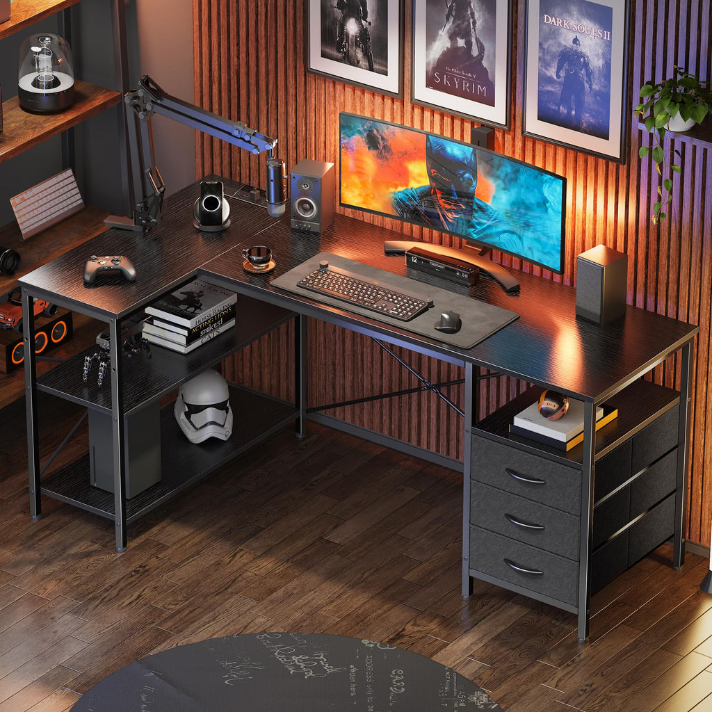 L Shaped Office Desk with Power Outlets, 55 Inch Computer Desk with 3 Drawers, Shelves, Reverisble for Gaming Corner Work Home Office Study, Black