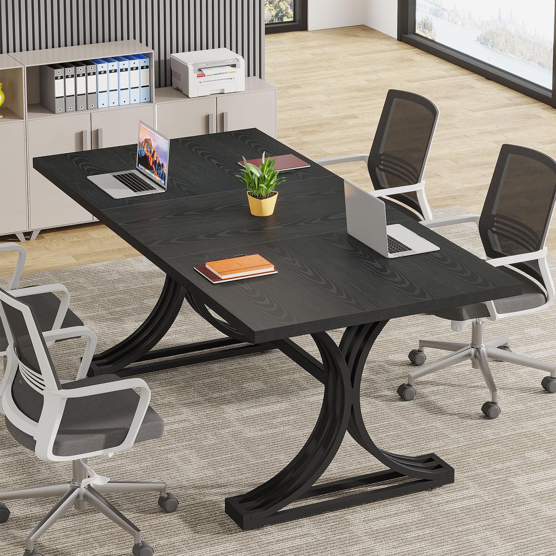 10.5FT Conference Table, Modern Meeting Table for 8-10 People, Rectangle Seminar Boardroom Table for Office Conference Room with Stylish Legs (4, Black)