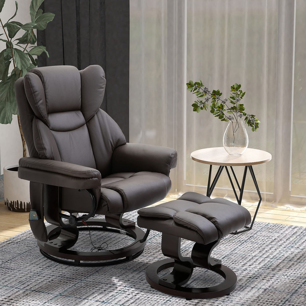 Recliner Chair with Ottoman Footrest, 10 Vibration Points, 360° Swivel Reclining Chair, Faux Leather Living Room Chair with Side Pocket and Remote Control, Brown