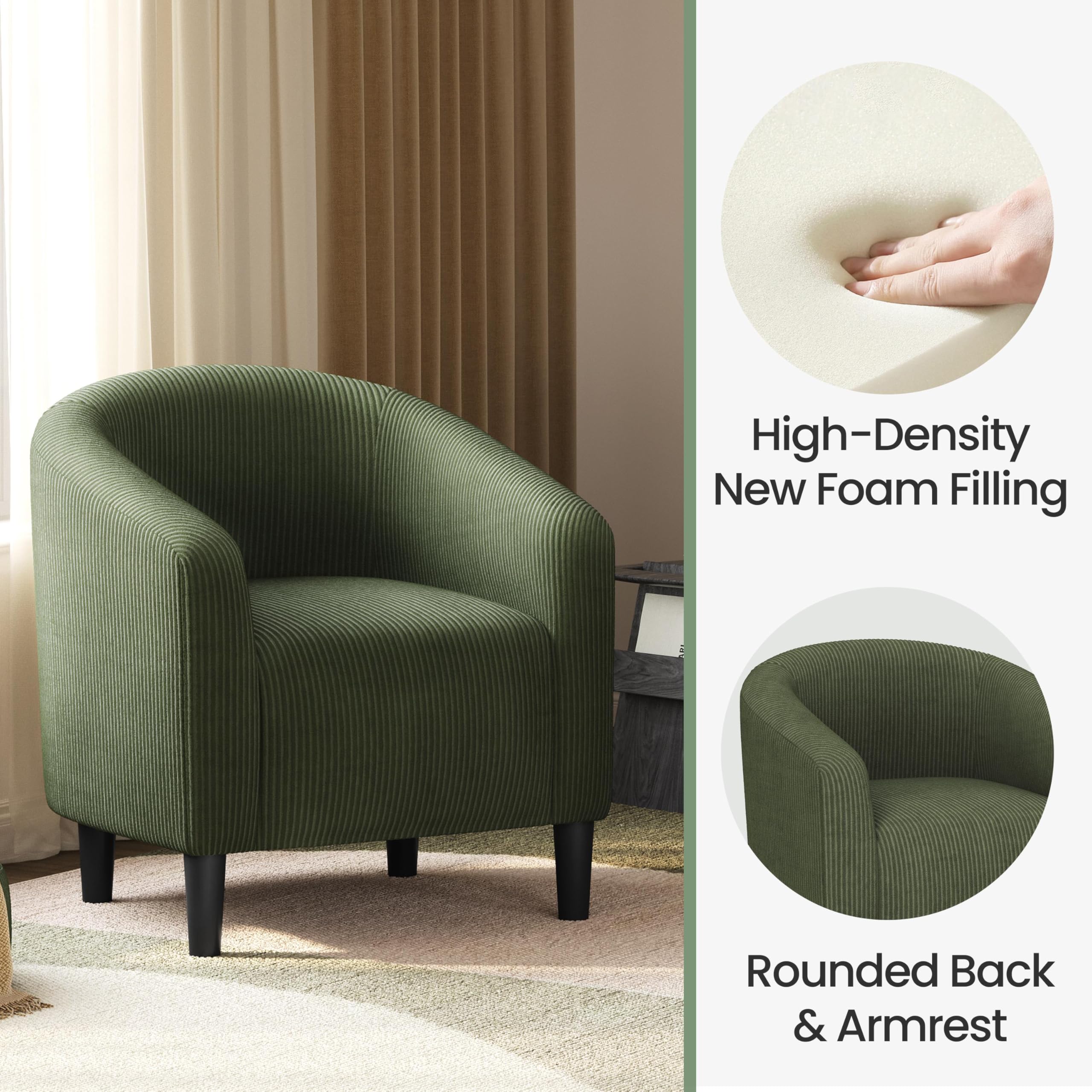 Accent Barrel Chair, Corduroy Fabric Club Chair, Furry Sherpa Elegant Armchair with Cozy Soft Padded, Suitable for Living Room Bedroom Reception Room Office, Dark Green