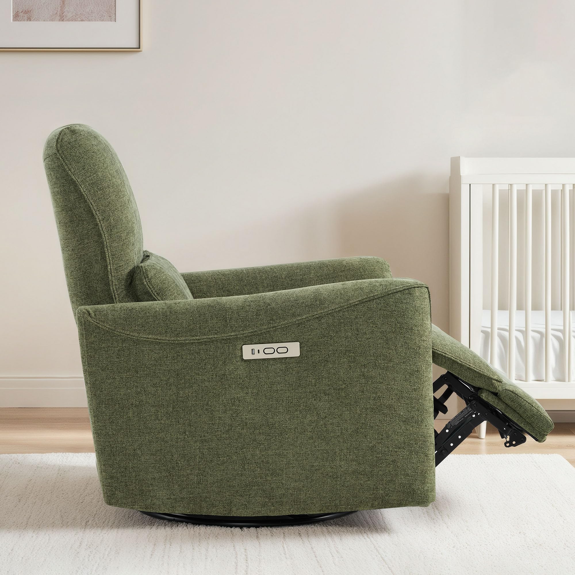 Power Recliner Chair Swivel Glider, FSC Certified Upholstered Living Room Nursery Reclining Sofa Chair with Lumbar Support, Green