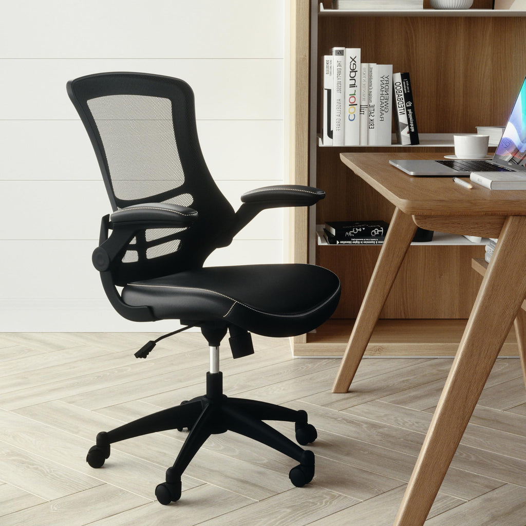 Mid-Back Swivel Office Chair with Adjustable Seat Height, Ergonomic Mesh Desk Chair with LeatherSoft Seat, Black
