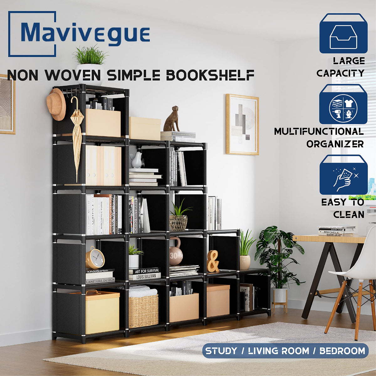 Bookcase, 18-Cube Extra Large Book Shelf, DIY Cube Storage Organizer for Bedroom, Living Room, Home Office - Black