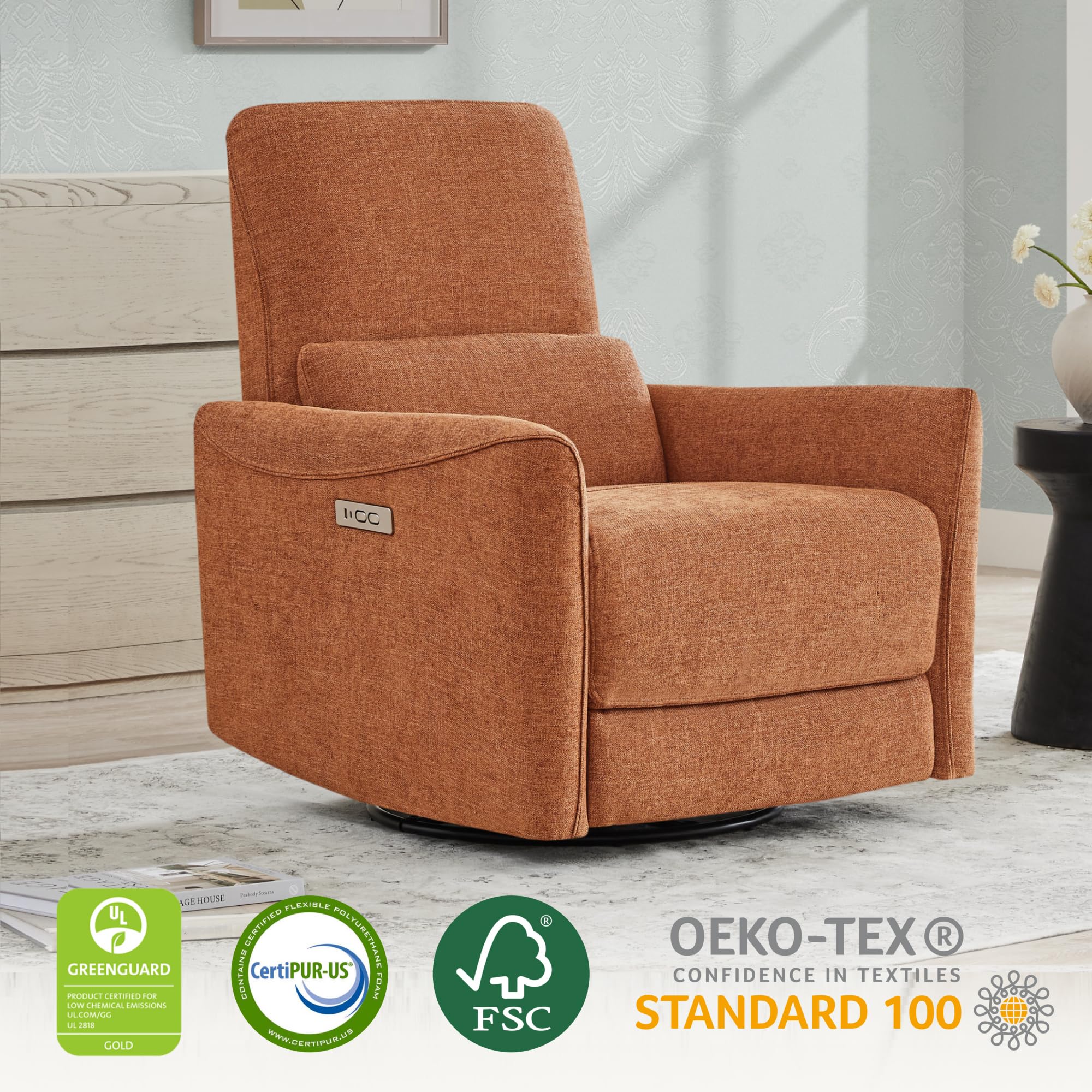 Power Recliner Chair Swivel Glider, FSC Certified Fabric Living Room Nursery Reclining Sofa Chair with Lumbar Support,Terracotta