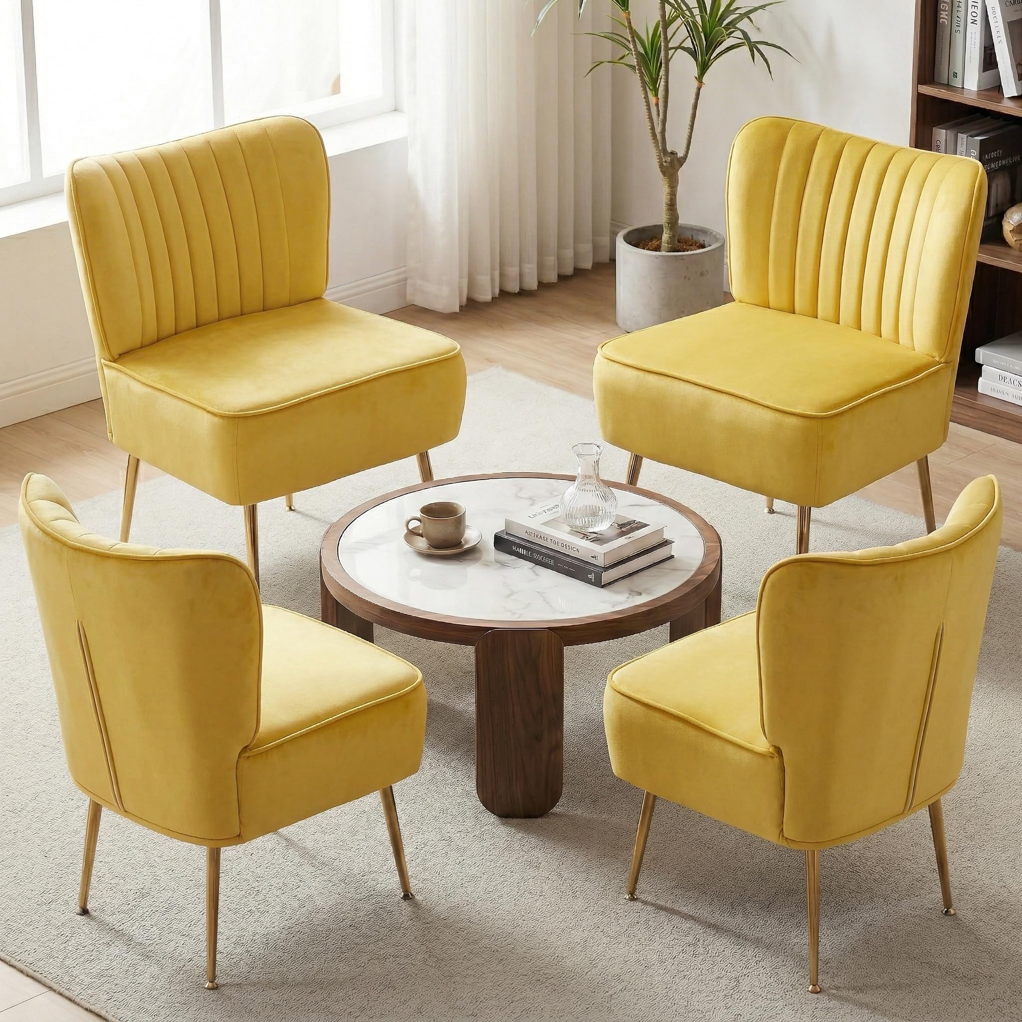 Modern Velvet Accent Chairs Set of 4, Comfy Slipper Chair with Heavy Duty Iron Frame & Gold Legs, Mid Century Side Sofa Chair for Living Room Bedroom Vanity(Yellow)