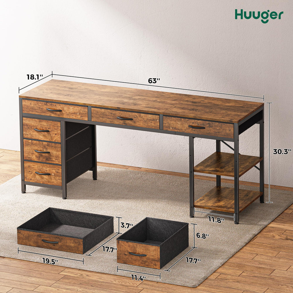 Computer Desk with 6 Drawers, Office Desk with Shelves, Reversible Gaming Desk, Large Corner Desk with Storage, Work for Home Office, Study, Living Room, 63inch, Rustic Brown