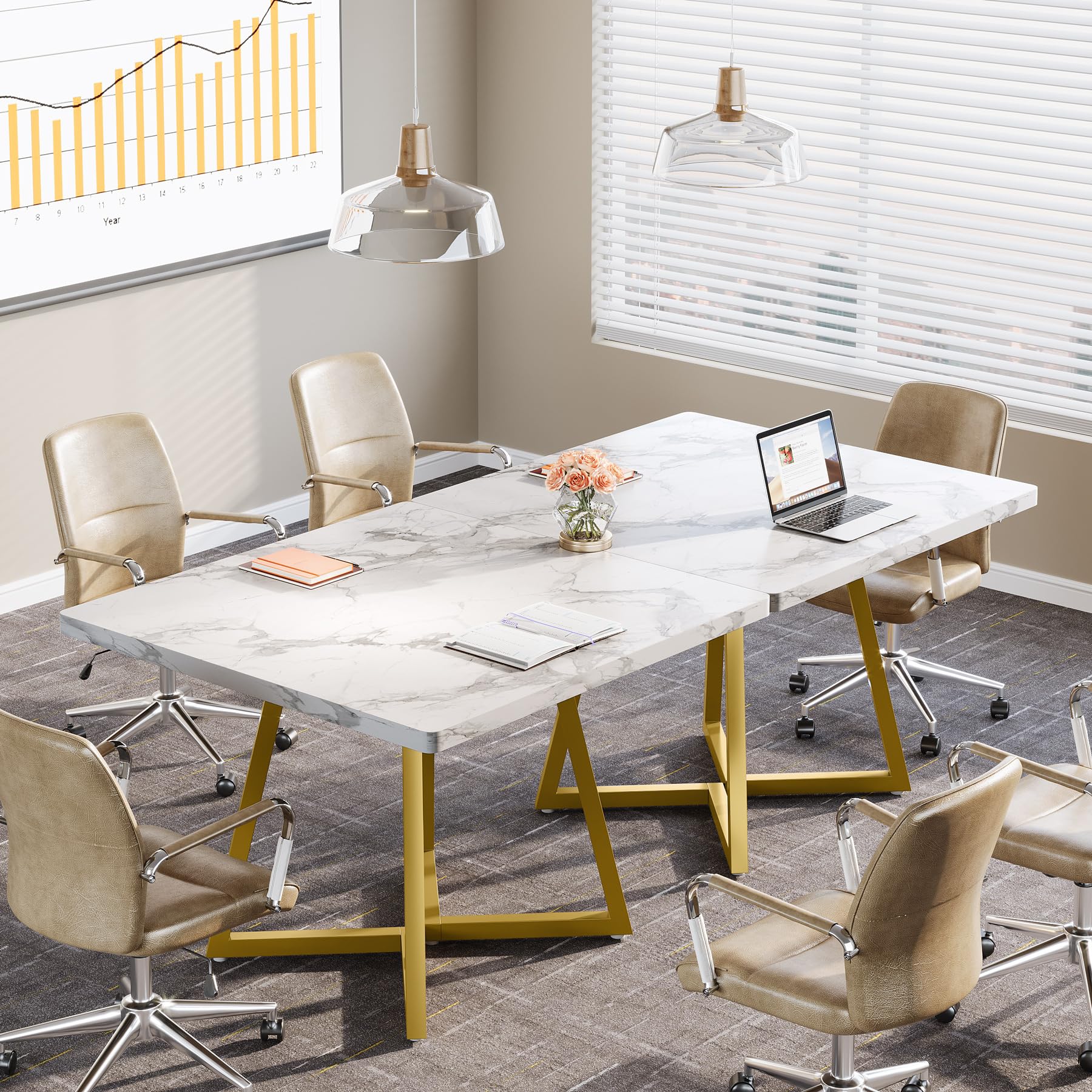 31.5" Square Conference Table Set of 2, 63" Industrial Office Meeting Table for 4-6 People, Business Podcast Furniture with Metal Base for Small Spaces, Office Conference, White & Gold