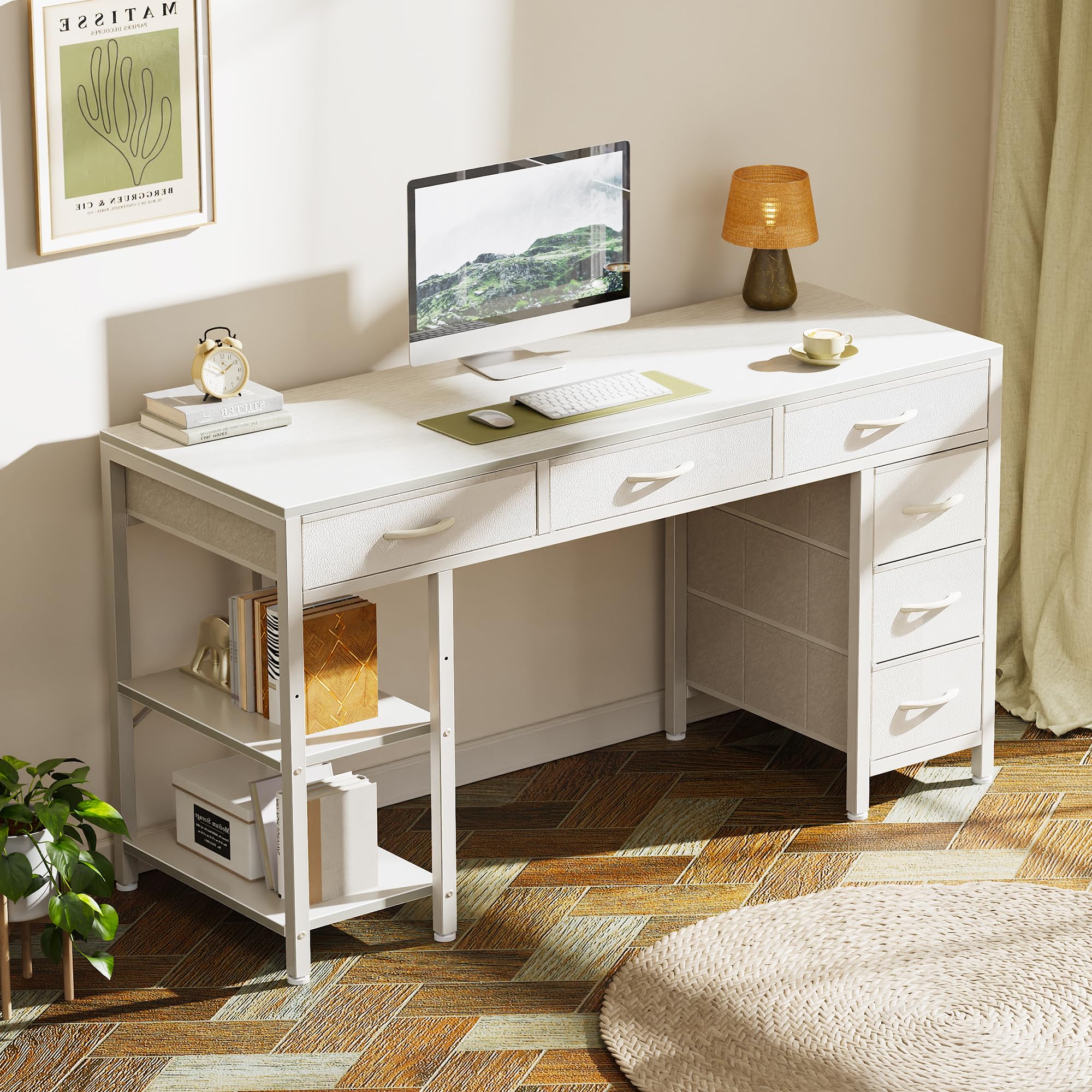 Computer Desk with 6 Drawers, Office Desk with Shelves, Reversible Gaming Desk, Corner Desk with Storage, Work for Home Office, Study, Living Room, 47inch, White