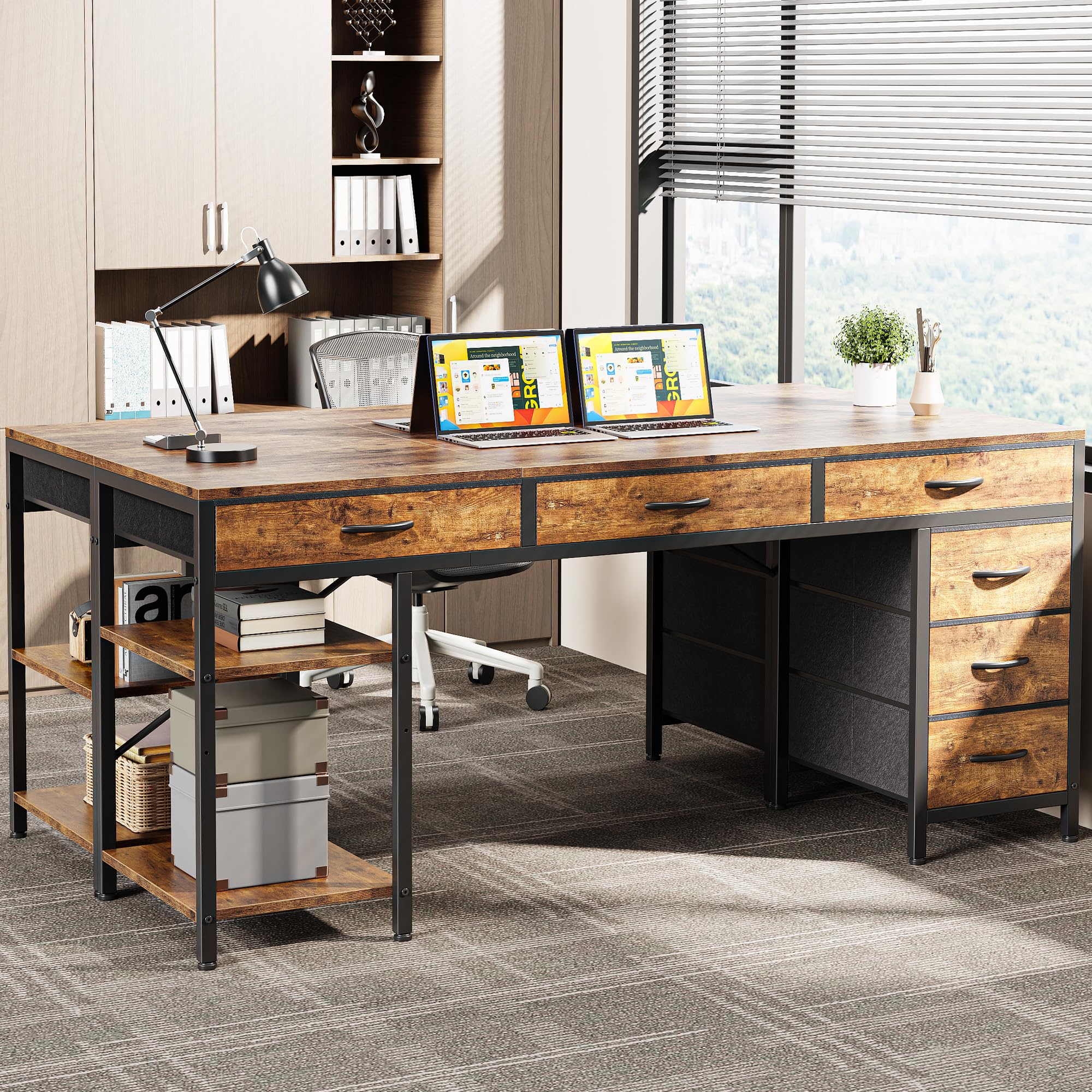 Computer Desk with 6 Drawers, Office Desk with Shelves, Reversible Gaming Desk, Large Corner Desk with Storage, Work for Home Office, Study, Living Room, 63inch, Rustic Brown