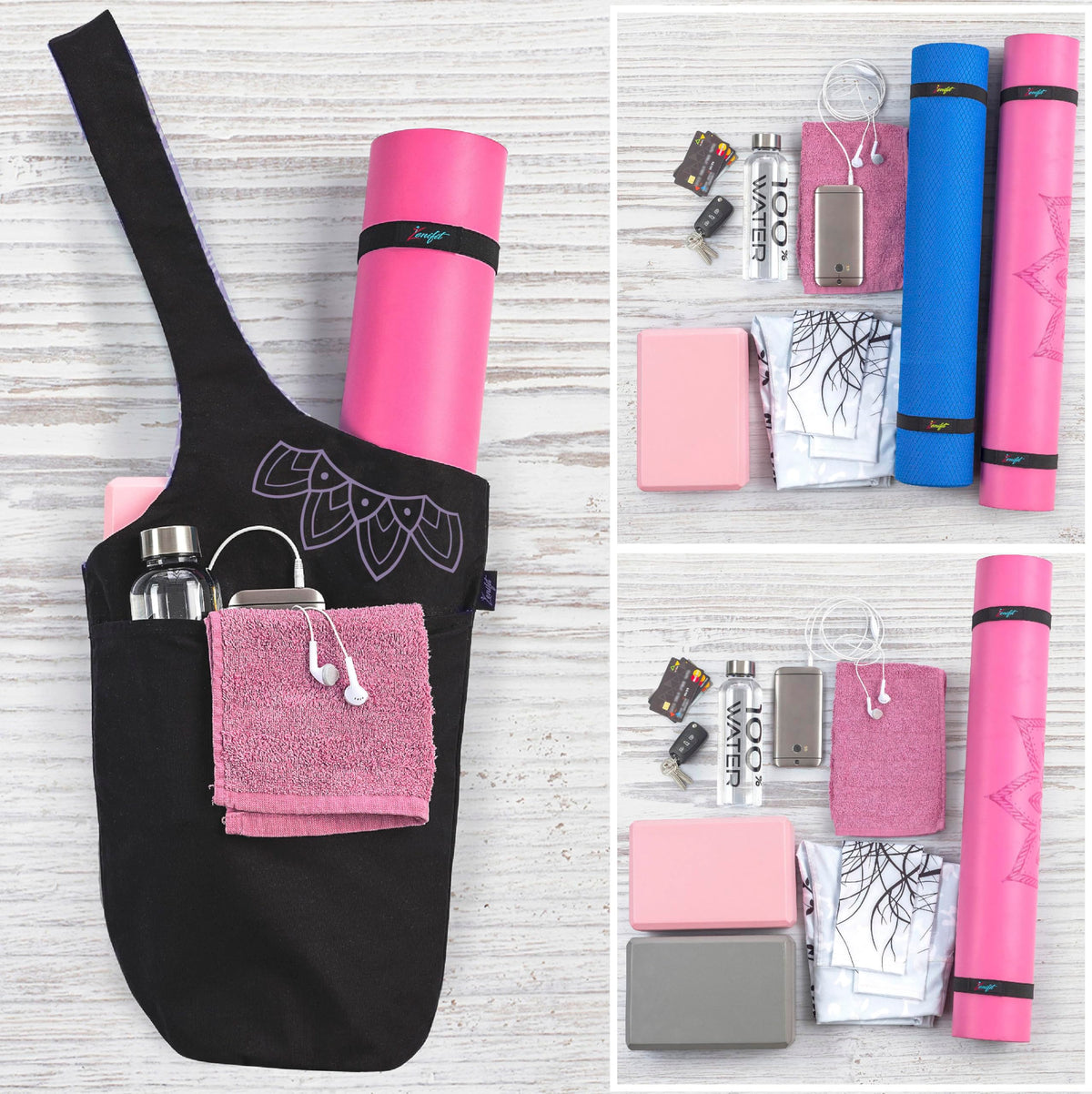Yoga Mat Bag & Carrier with Pockets, Black & Lavender Bliss
