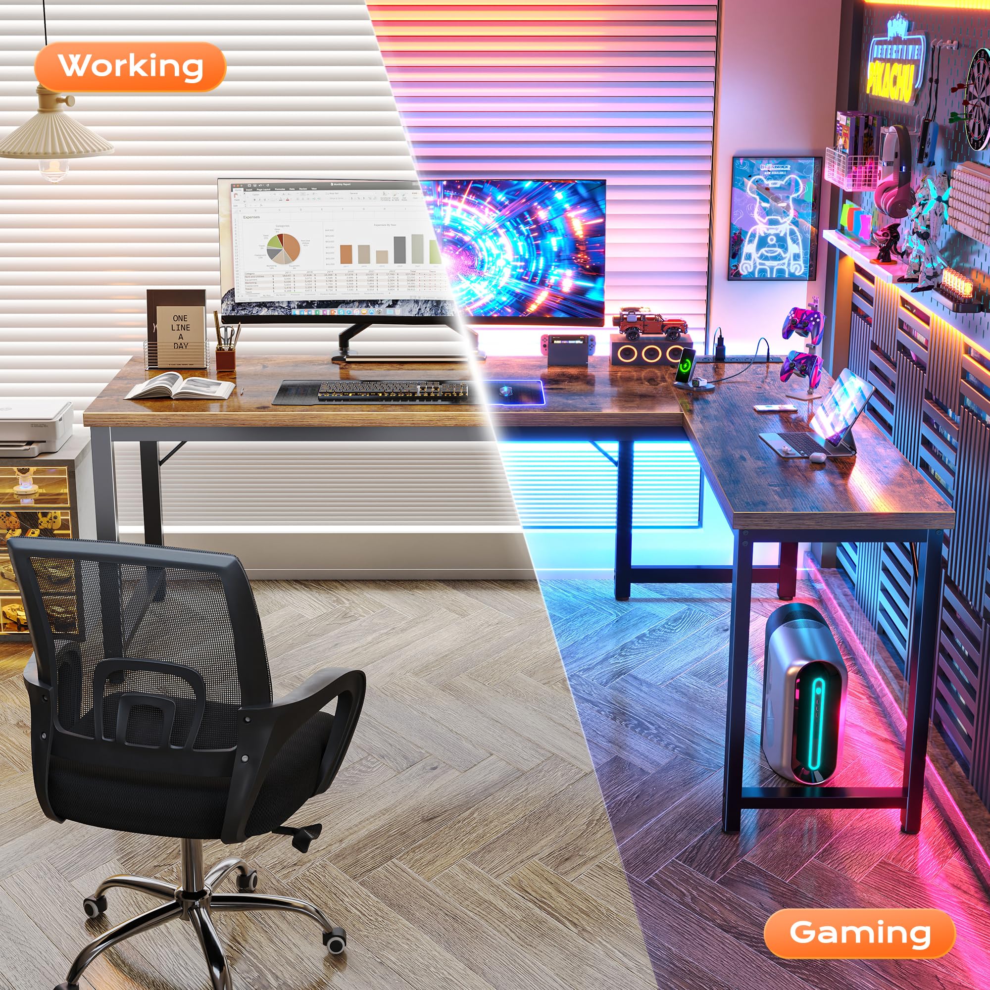 63 Inch L Shaped Desk with Power Outlets and USB-C Port, 0.95 Inch Thicker Desktop, Reversible Computer Desk, Larger Office Corner Gaming Desk, Metal Frame, for Home Office, Study, Rustic Brown