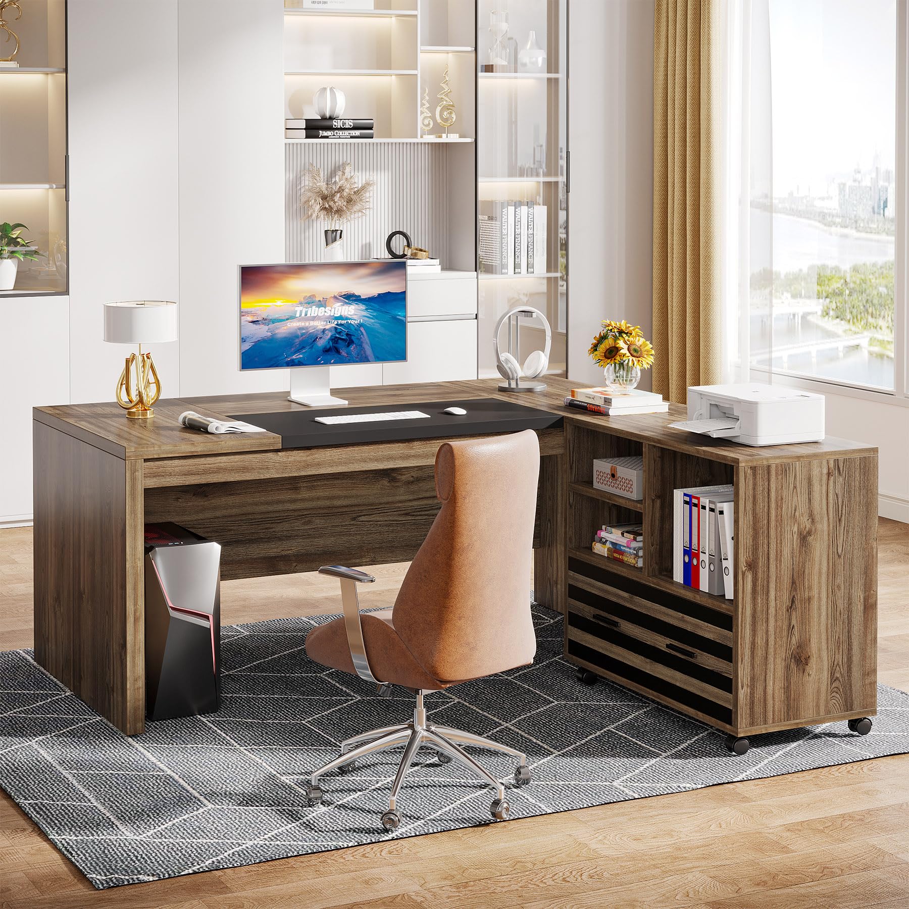 62.2" Executive Desk with Mobile File Cabinet, L-Shaped Office Desk with Storage Shelves, Large Computer Desk Business Workstation Set for Home Office, Light Brown