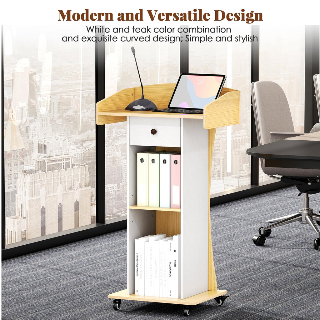 Podium Stand with Metal Wheels Wooden Teacher Lectern Portable Pulpit Standing with Drawer and Adjustable Shelf Mobile Rolling Reception Podiums for Church Office Classroom Lecture Meeting,White+Oak