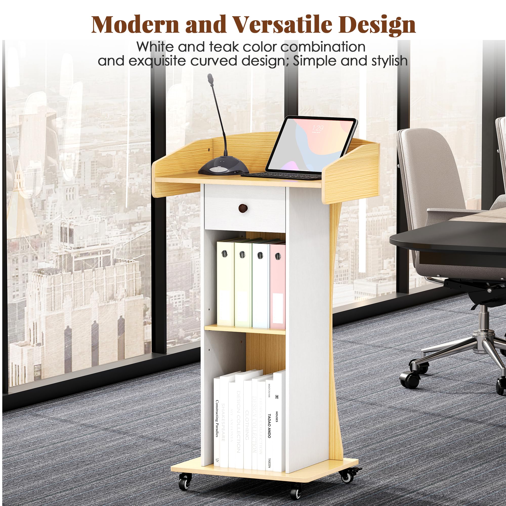Podium Stand with Metal Wheels Wooden Teacher Lectern Portable Pulpit Standing with Drawer and Adjustable Shelf Mobile Rolling Reception Podiums for Church Office Classroom Lecture Meeting,White+Oak