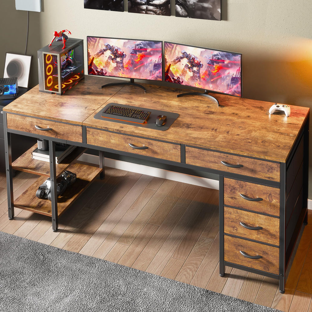 Computer Desk with 6 Drawers, Office Desk with Shelves, Reversible Gaming Desk, Large Corner Desk with Storage, Work for Home Office, Study, Living Room, 63inch, Rustic Brown