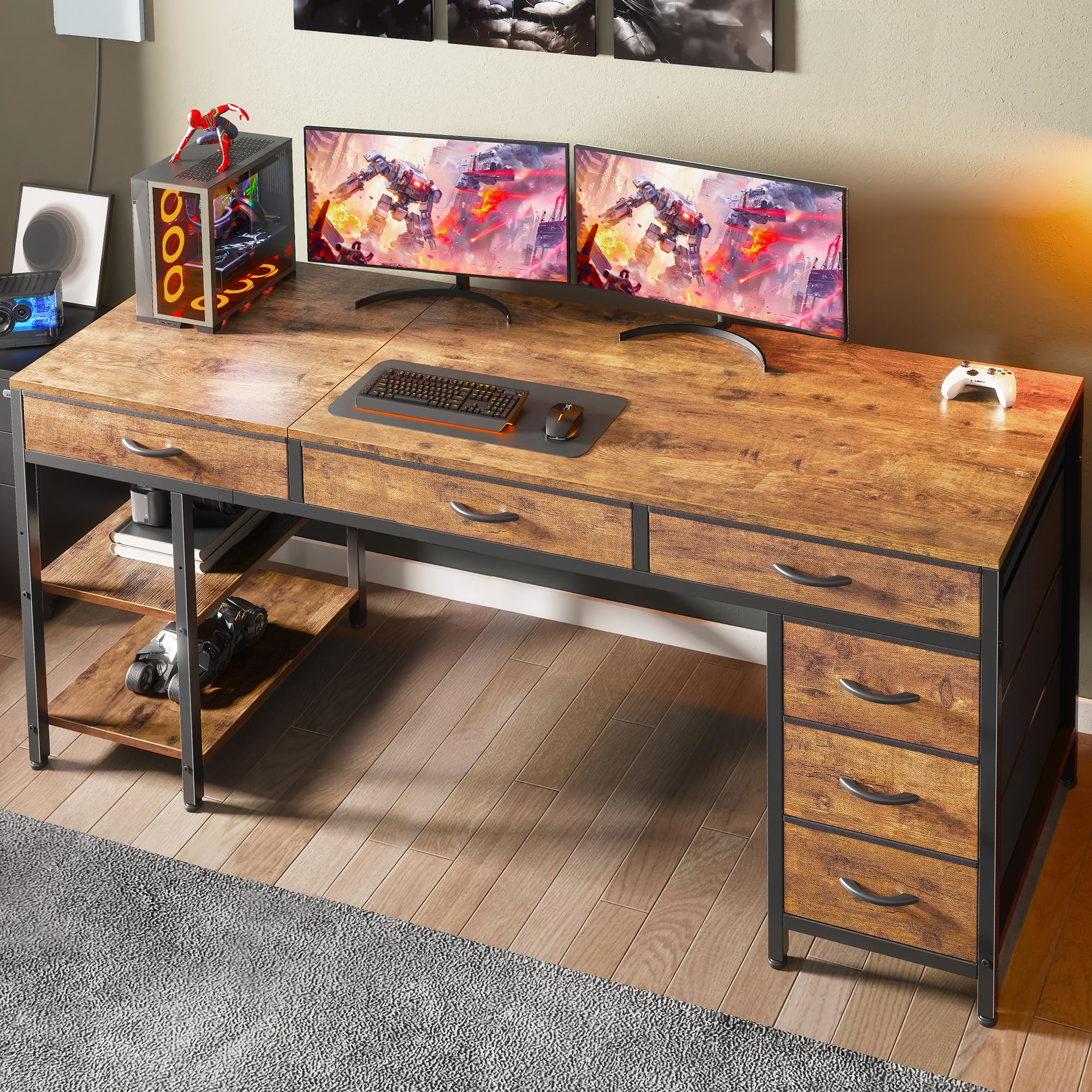 Computer Desk with 6 Drawers, Office Desk with Shelves, Reversible Gaming Desk, Large Corner Desk with Storage, Work for Home Office, Study, Living Room, 63inch, Rustic Brown