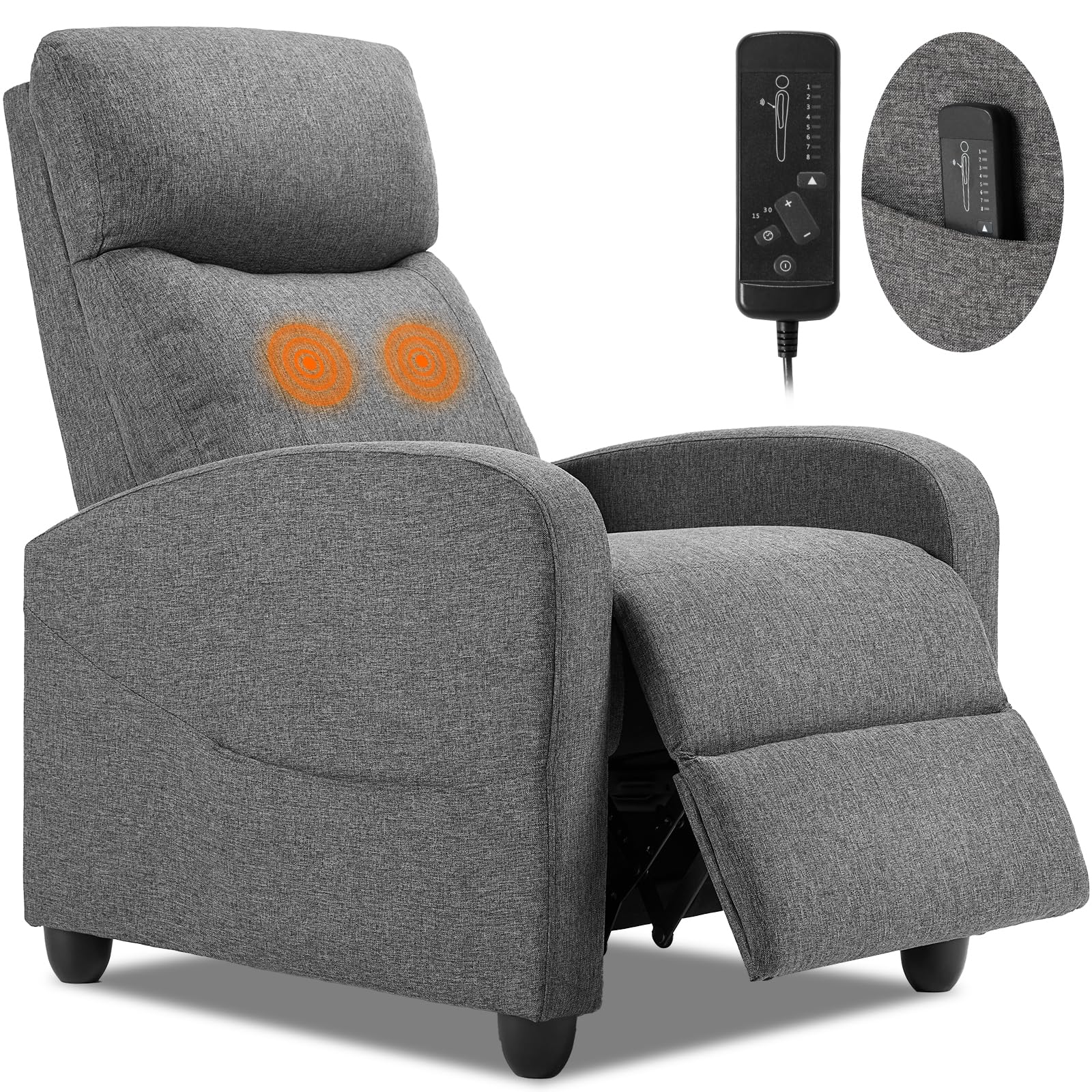 Massage Recliner Chair for Adults, Adjustable Home Theater Seating with Lumbar Support for Living Room, Modern Fabric Reclining for Small Space, Grey