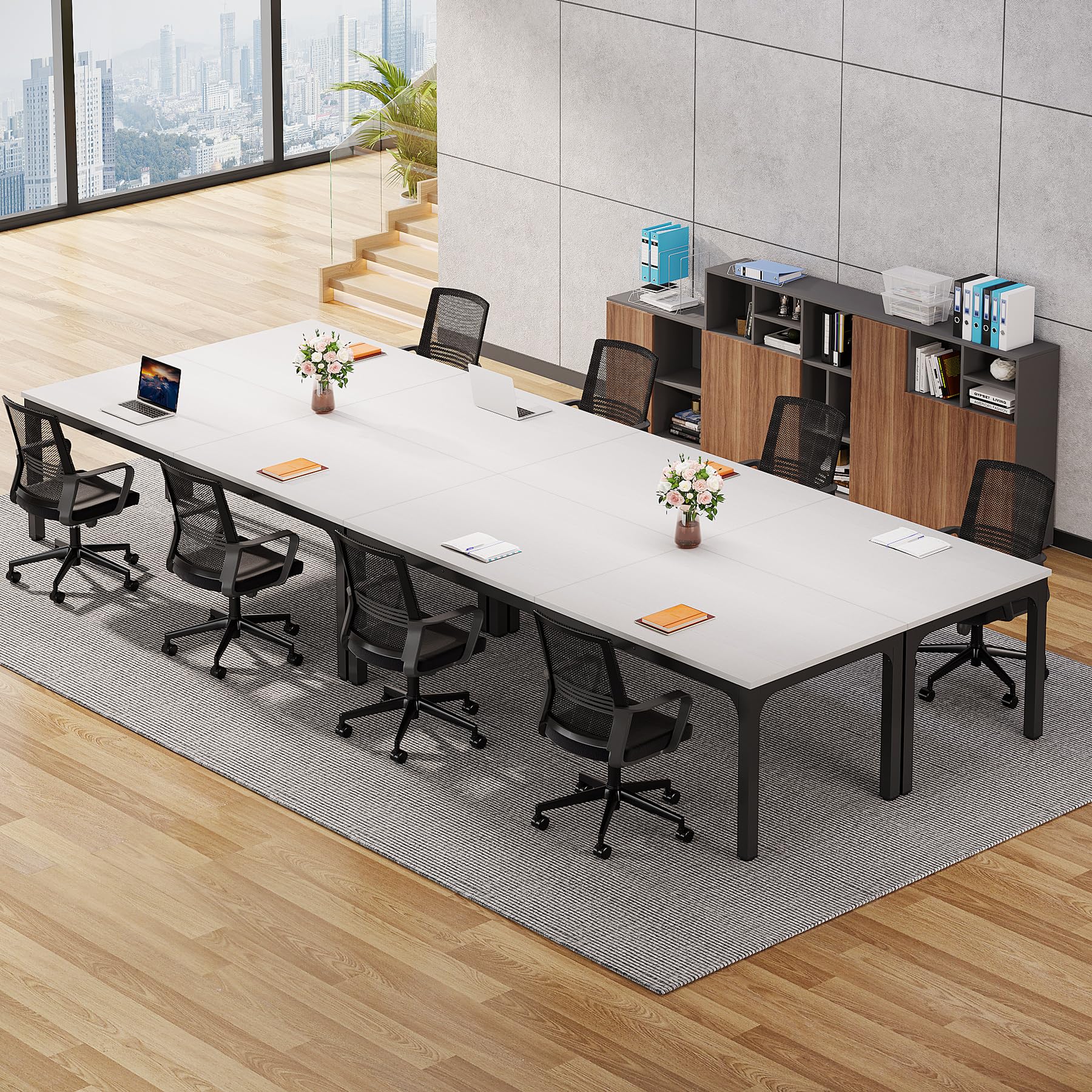 6.5 FT Conference Room Table, 78.74" W x 27.56" D Large Office Conference Table, Modern Seminar Meeting Table Desk for Boardroom, Meeting Room (4, White and Black)