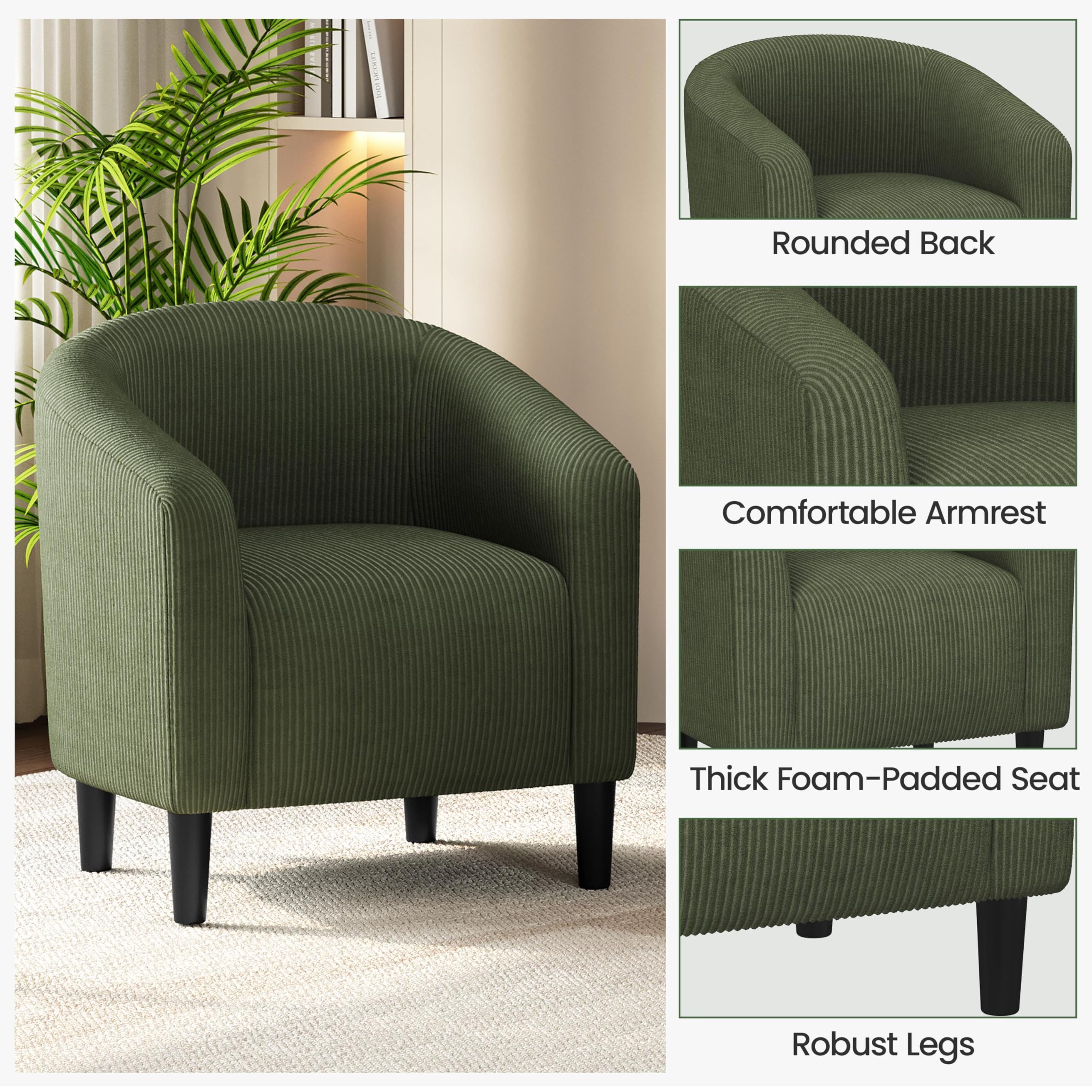 Accent Barrel Chair, Corduroy Fabric Club Chair, Furry Sherpa Elegant Armchair with Cozy Soft Padded, Suitable for Living Room Bedroom Reception Room Office, Dark Green