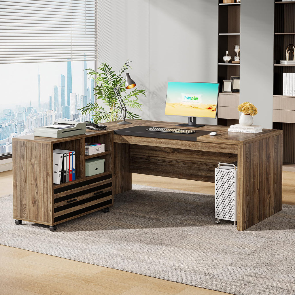 62.2" Executive Desk with Mobile File Cabinet, L-Shaped Office Desk with Storage Shelves, Large Computer Desk Business Workstation Set for Home Office, Light Brown