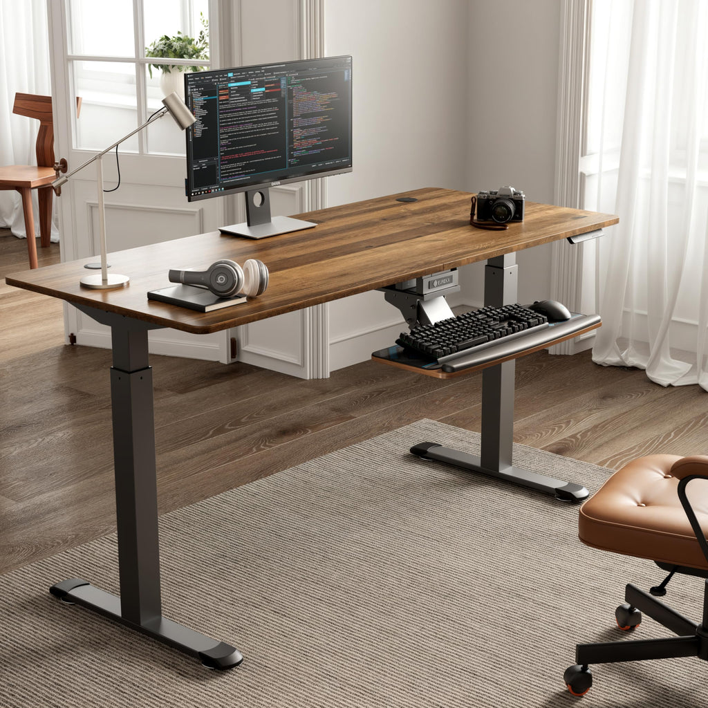 Keyboard Tray Height Adjustable, Swivel Tilt Computer Keyboard Drawer Under Desk, 25x9.13'' Sliding Keyboard & Mouse Platform with Mouse Pad for Typing, Walnut