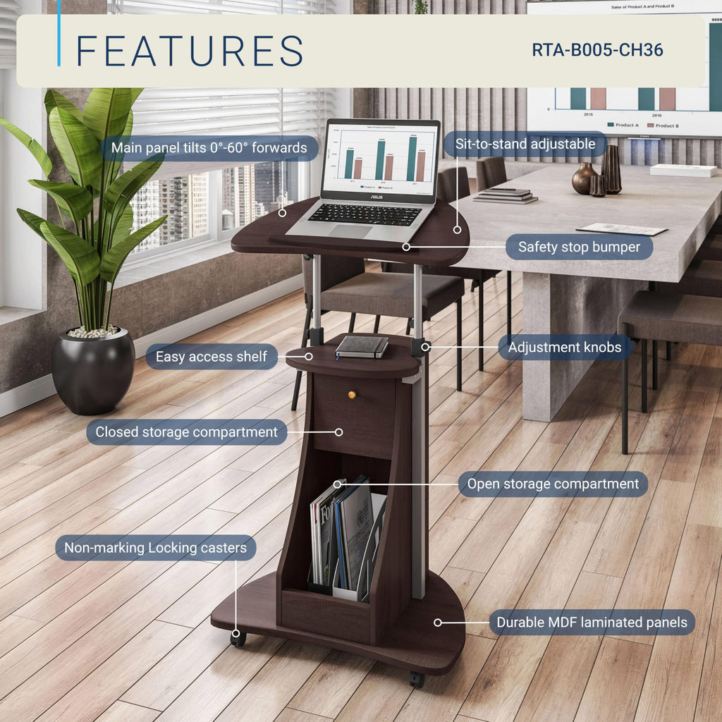 Sit-to-Stand Rolling Adjustable Storage Medical Laptop Computer Cart, Chocolate, B005