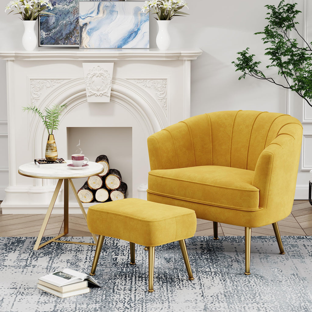 Velvet Accent Chair with Ottoman, Upholstered Modern Single Sofa Side Chair,Comfy Barrel Club Living Room Armchair with Golden Metal Legs for Office Bedroom Living Reading Room, Yellow
