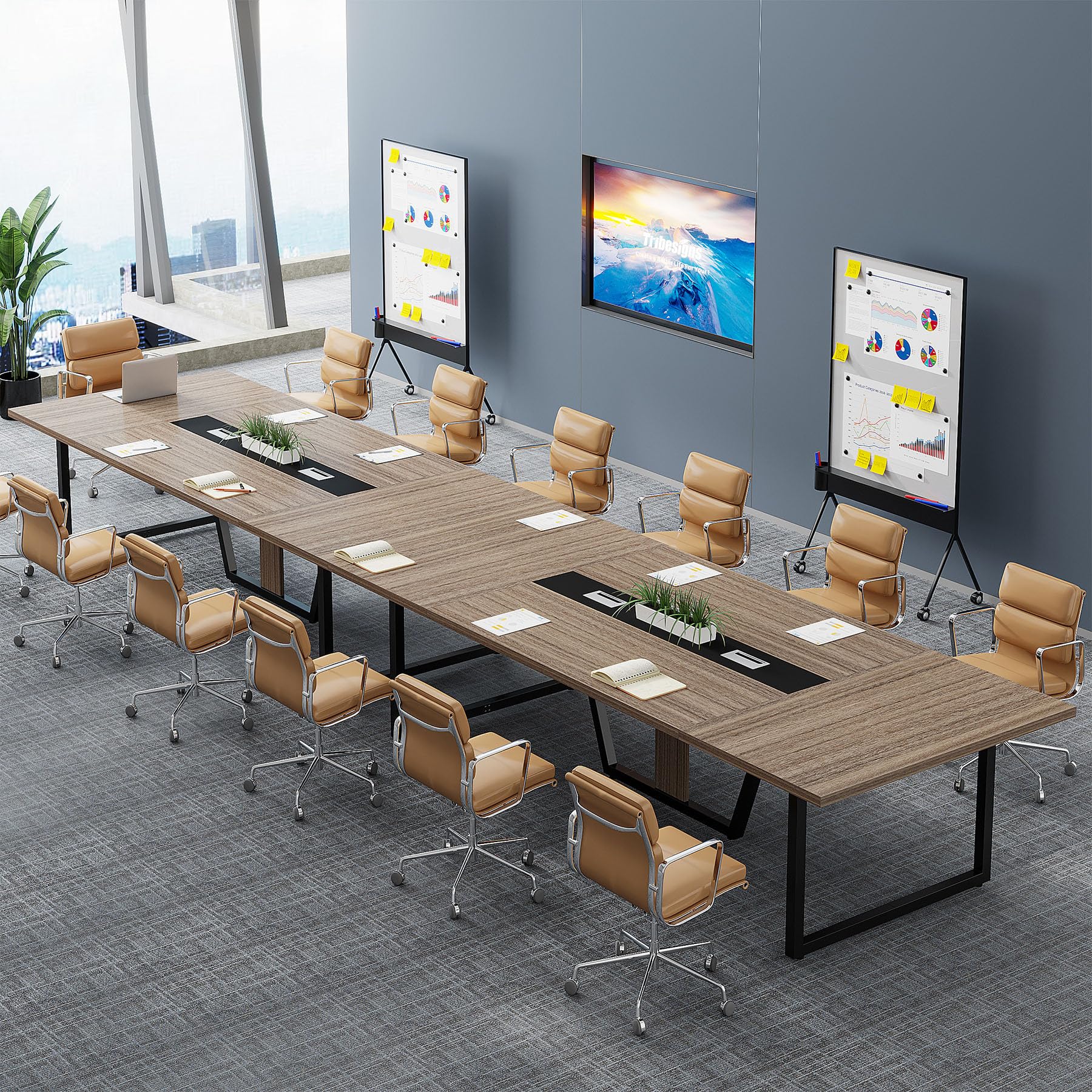 8FT Conference Table Set of 2, Large Meeting Podcast Table for 10 People, Business Style Wooden Training Table with Strong Metal Frame for Office Conference
