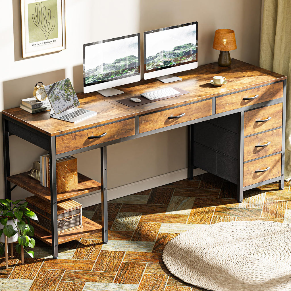 Computer Desk with 6 Drawers, Office Desk with Shelves, Reversible Gaming Desk, Large Corner Desk with Storage, Work for Home Office, Study, Living Room, 63inch, Rustic Brown