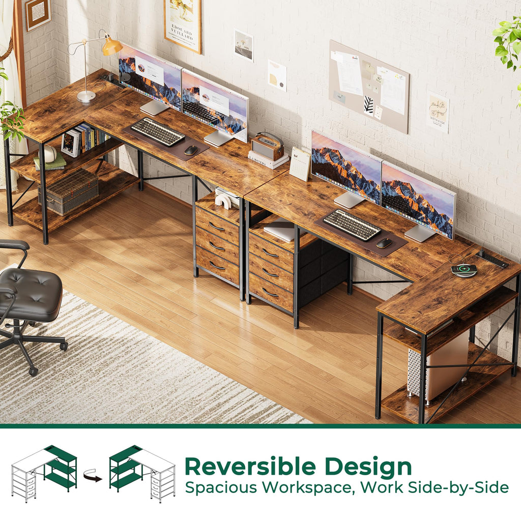 L Shaped Office Desk with Power Outlets, 55 Inch Computer Desk with 3 Drawers, Shelves, Reverisble for Gaming Corner Work Home Office Study, Rustic Brown