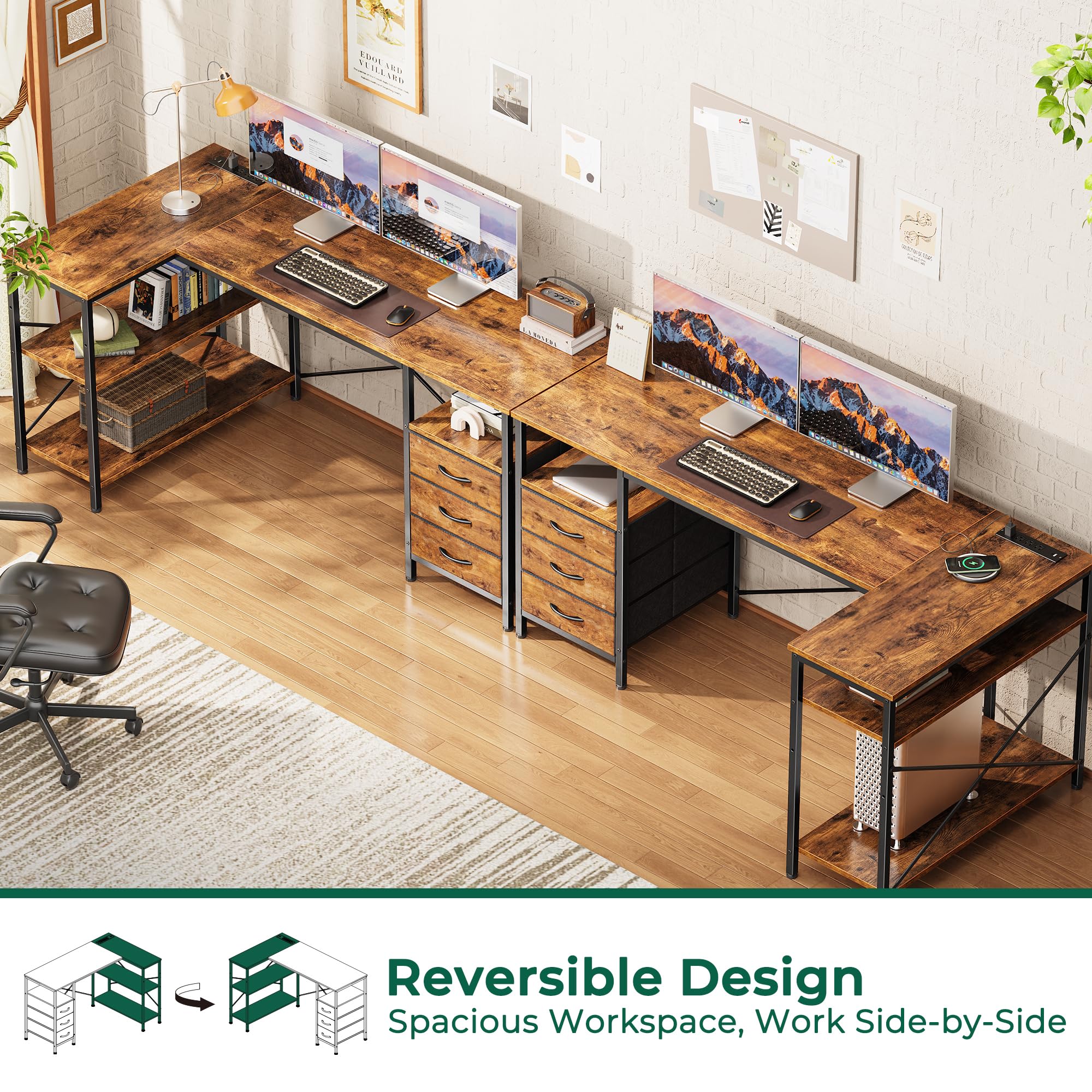 L Shaped Office Desk with Power Outlets, 55 Inch Computer Desk with 3 Drawers, Shelves, Reverisble for Gaming Corner Work Home Office Study, Rustic Brown