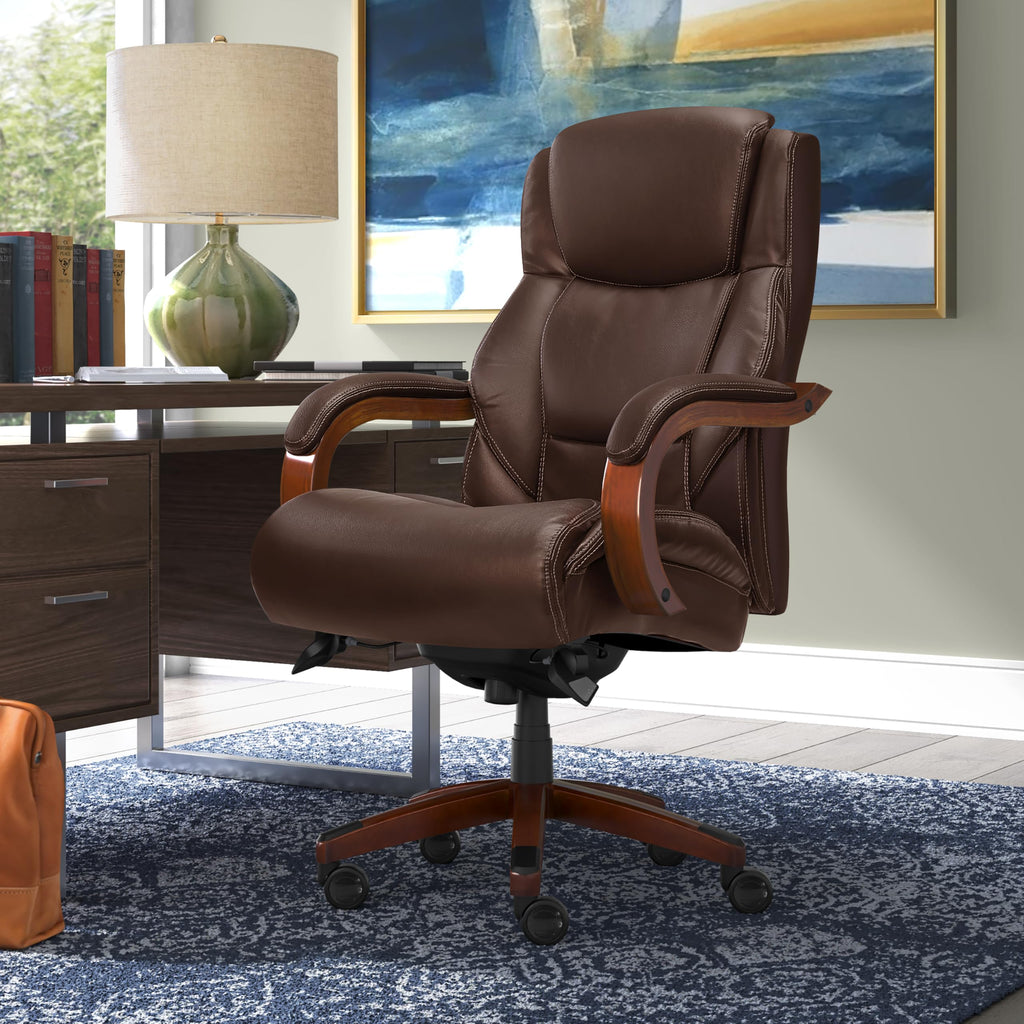 Delano Big and Tall Executive Office Chair - Ergonomic Lumbar Support Memory Foam - Bonded Leather Desk Chair for Home Office - Mahogany Wood Arms - Chestnut Brown
