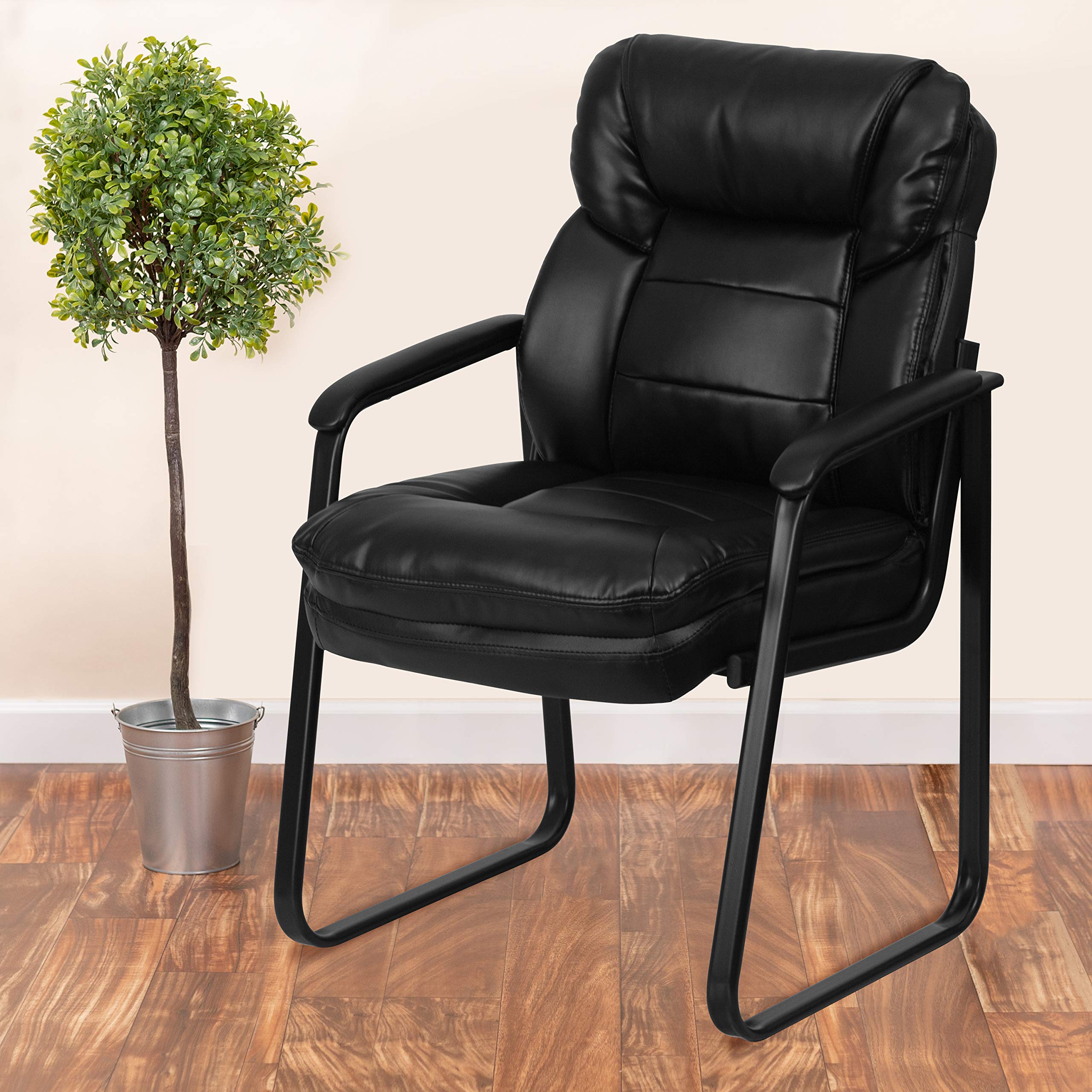 Leather Soft Executive Side Reception Chair with Padded Arms and Sled Base, Upholstered Side Chair for Living Room/Office, Black