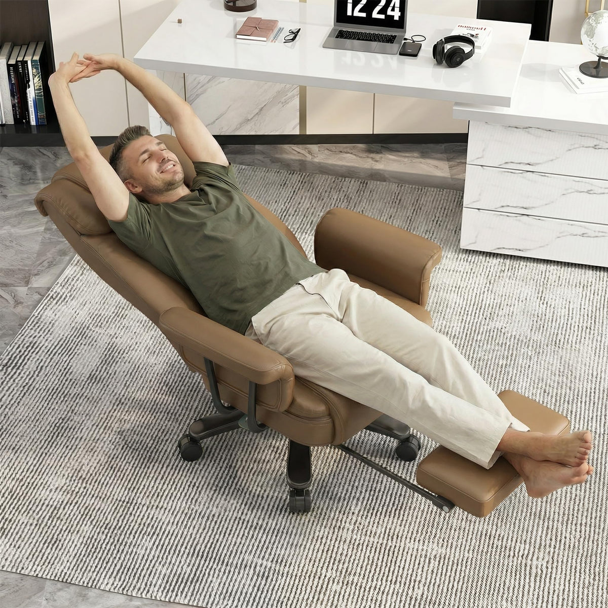 160 Reclining Office Chair with Footrest, Big & Tall Desk Chair, Brown