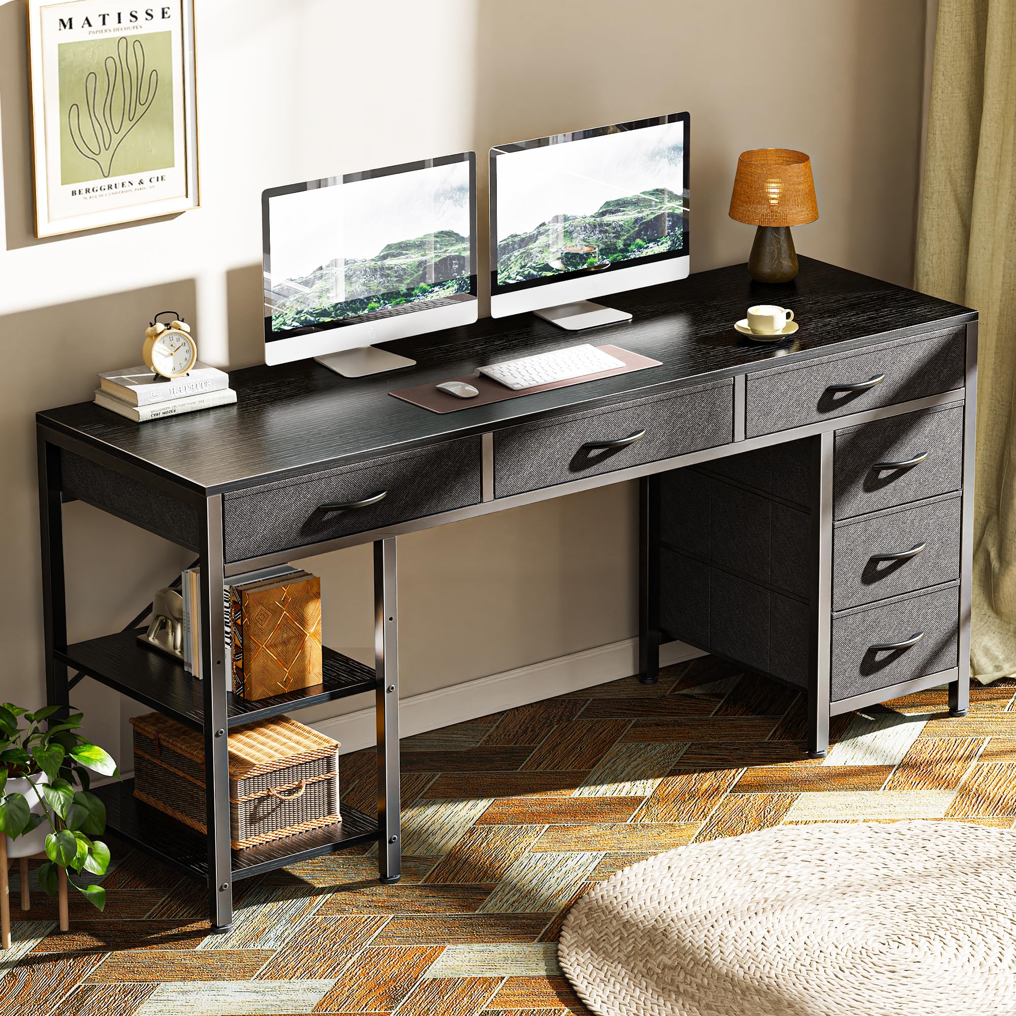 Computer Desk with 6 Drawers, Office Desk with Shelves, Reversible Gaming Desk, Corner Desk with Storage, Work for Home Office, Study, Living Room, 54inch, Black