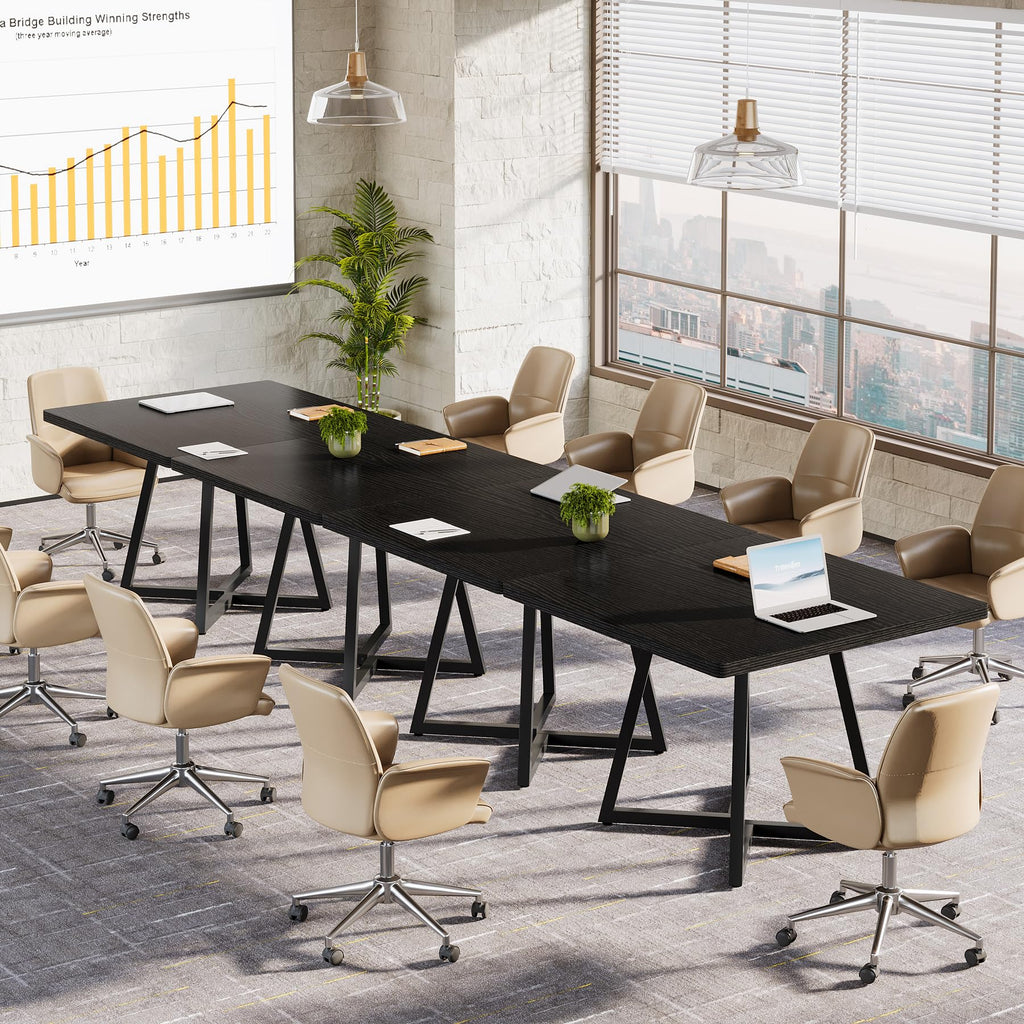 31.5" Square Conference Table Set of 6, 8 ft Industrial Office Meeting Table for 8-10 People, Business Podcast Furniture with Metal Base for Small Spaces, Office Conference, Black