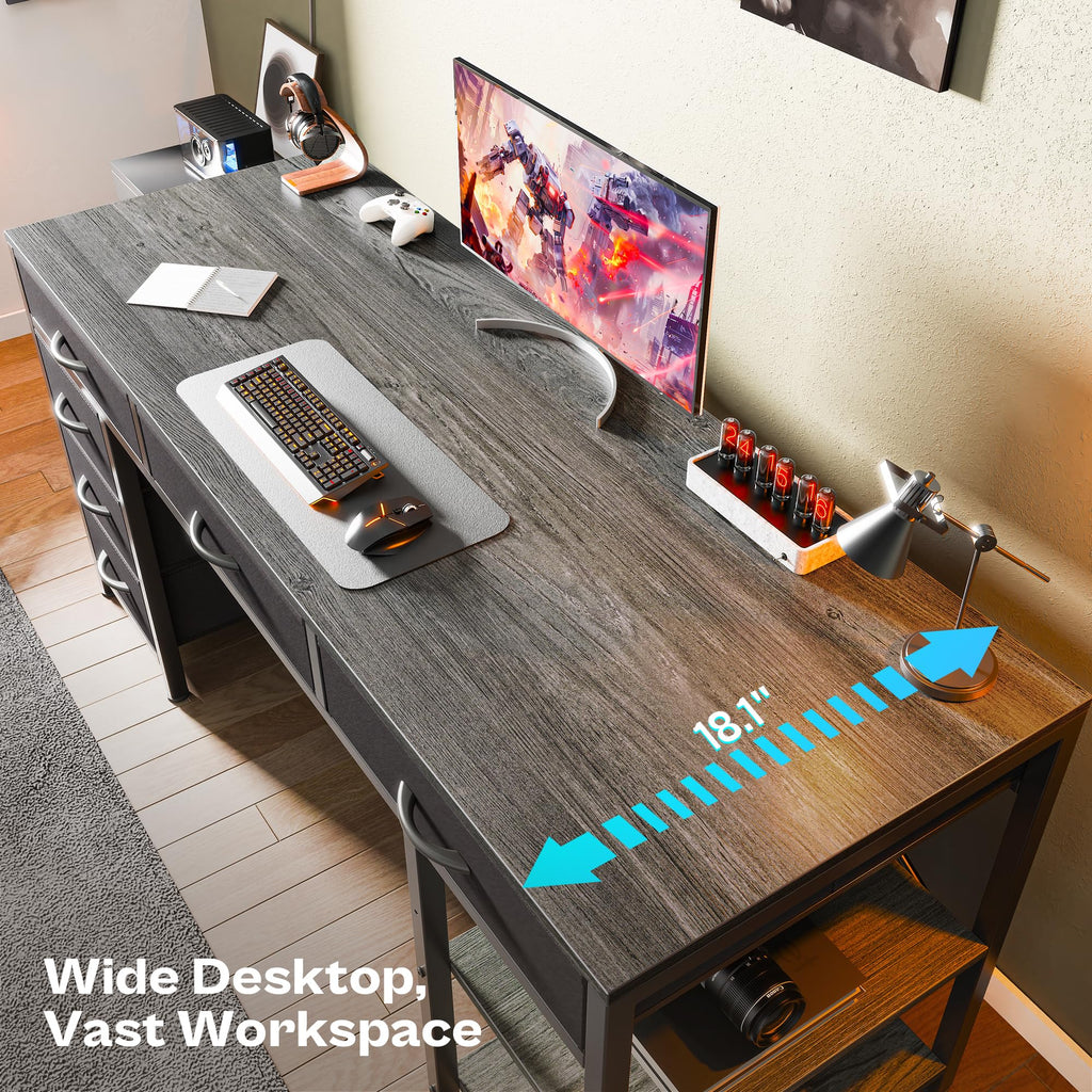 Computer Desk with 6 Drawers, Office Desk with Shelves, Reversible Gaming Desk, Corner Desk with Storage, Work for Home Office, Study, Living Room, 54inch, Grey