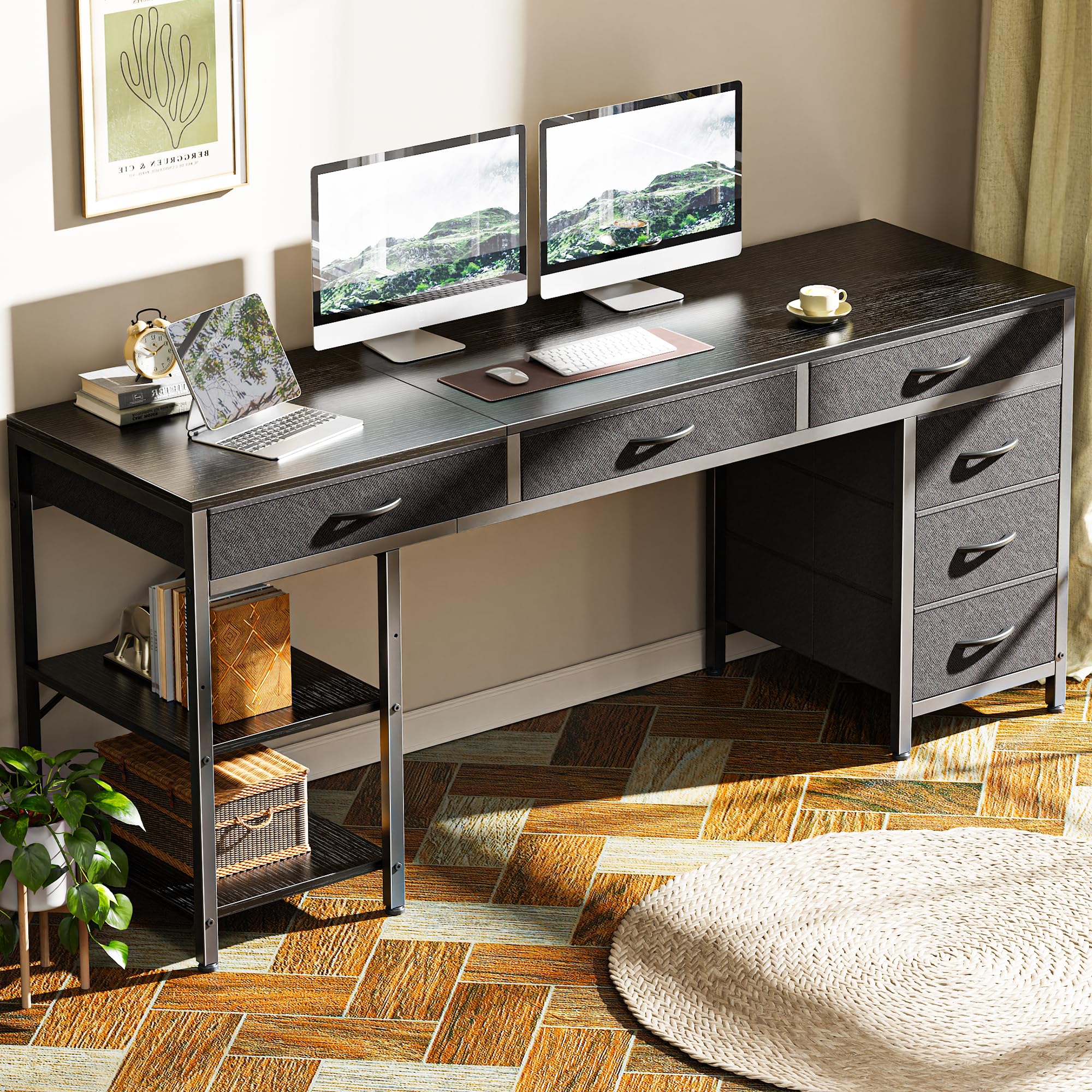 Computer Desk with 6 Drawers, Office Desk with Shelves, Reversible Gaming Desk, Corner Desk with Storage, Work for Home Office, Study, Living Room, 63inch, Black