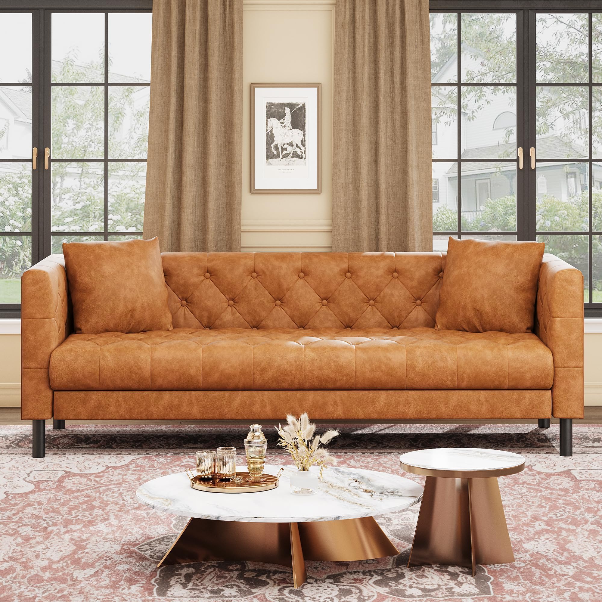 81" Leather Couch, Chesterfield Sofa with Deep Seat, Handmade Button Tufted 3 Seater Sofa, Modern Leather Sofa for Apartment, or Office, Cognac Tan
