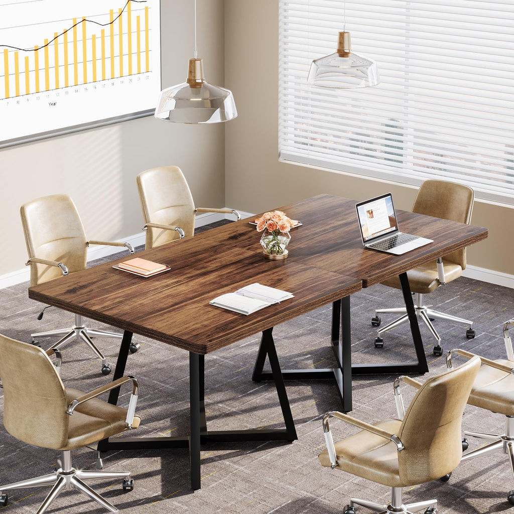 31.5" Square Conference Table Set of 6, 8 ft Industrial Office Meeting Table for 8-10 People, Business Podcast Furniture with Metal Base for Small Spaces, Office Conference, Brown