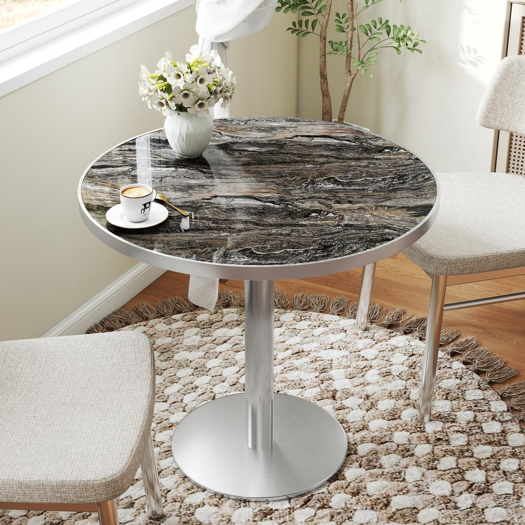 hausway 31.5" Tulip Table,Round Kitchen Dining Table for 2-4 with Thick Sintered Stone Top,Titanium Golden Pedestal Base,Heat-Resistant,Bistro Table for Dining Room,Café,Small Space（Dusk Strata）